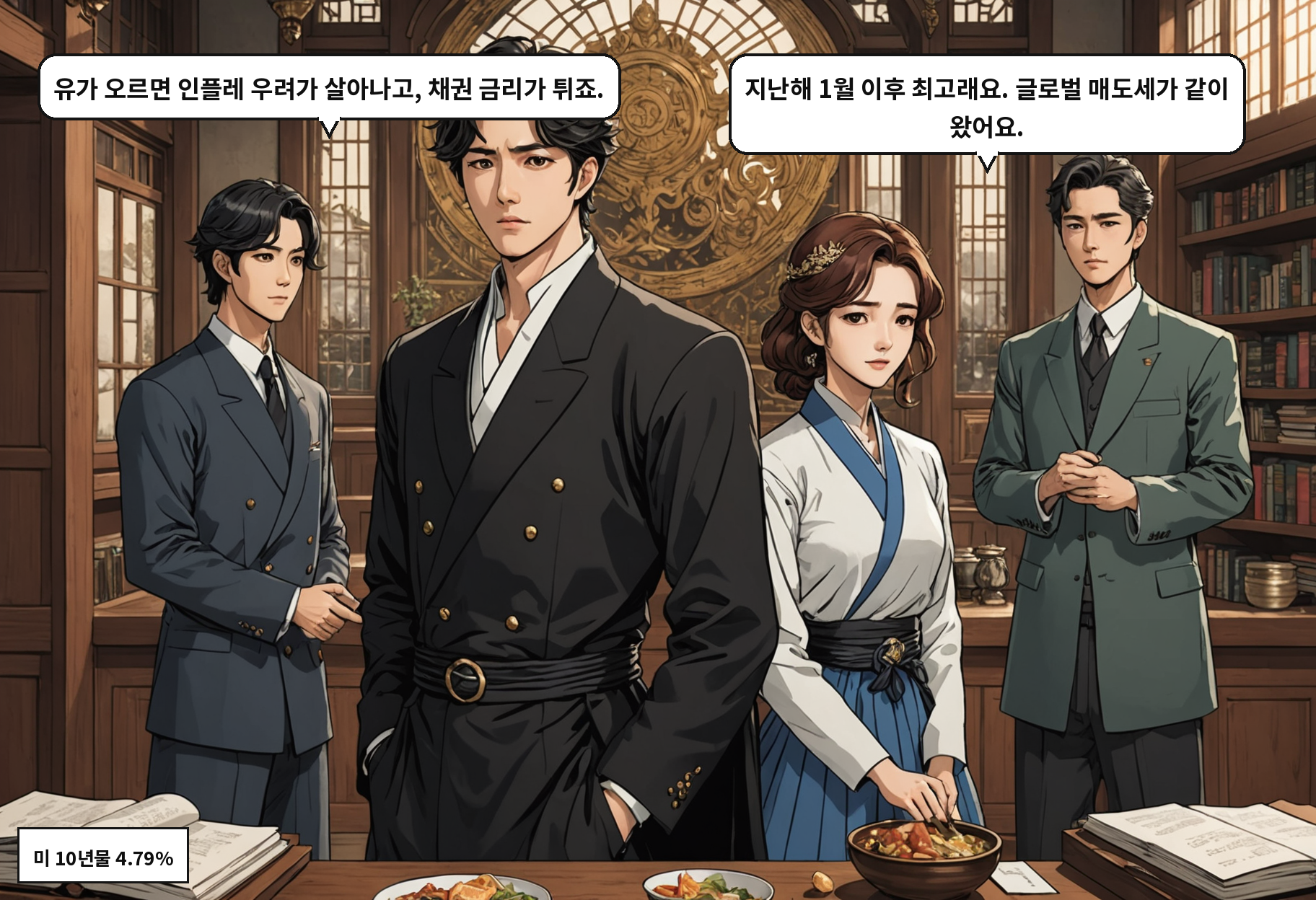 A: 유가 오르면 인플레 우려가 살아나고, 채권 금리가 튀죠. B: 지난해 1월 이후 최고래요. 글로벌 매도세가 같이 왔어요.