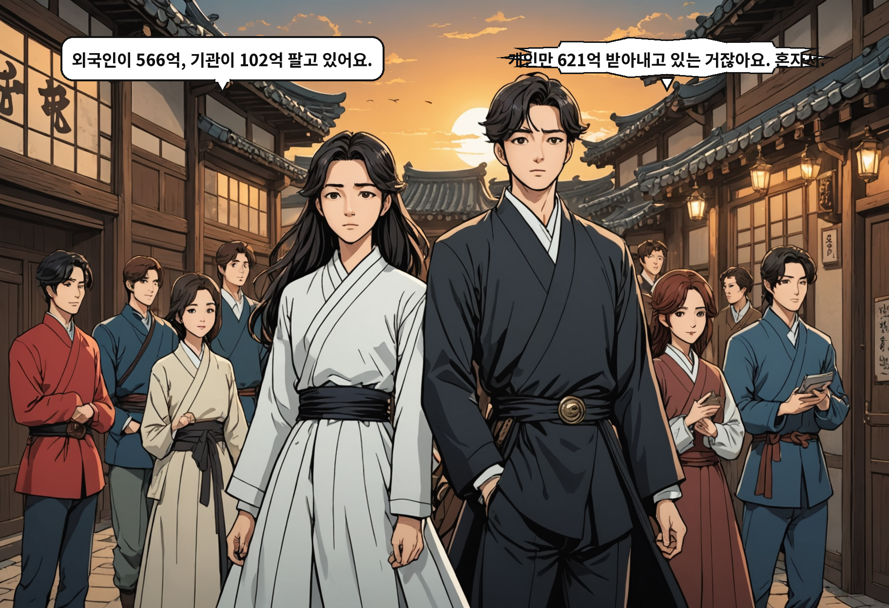 A: 외국인이 566억, 기관이 102억 팔고 있어요. B: 개인만 621억 받아내고 있는 거잖아요. 혼자서.