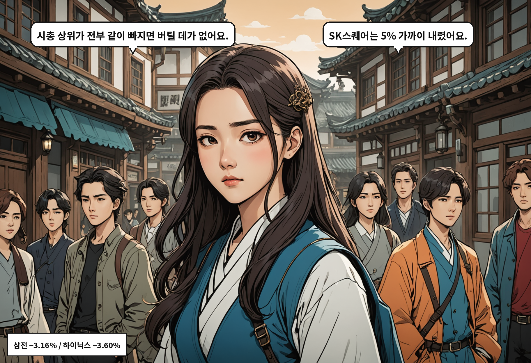 A: 시총 상위가 전부 같이 빠지면 버틸 데가 없어요. B: SK스퀘어는 5% 가까이 내렸어요.