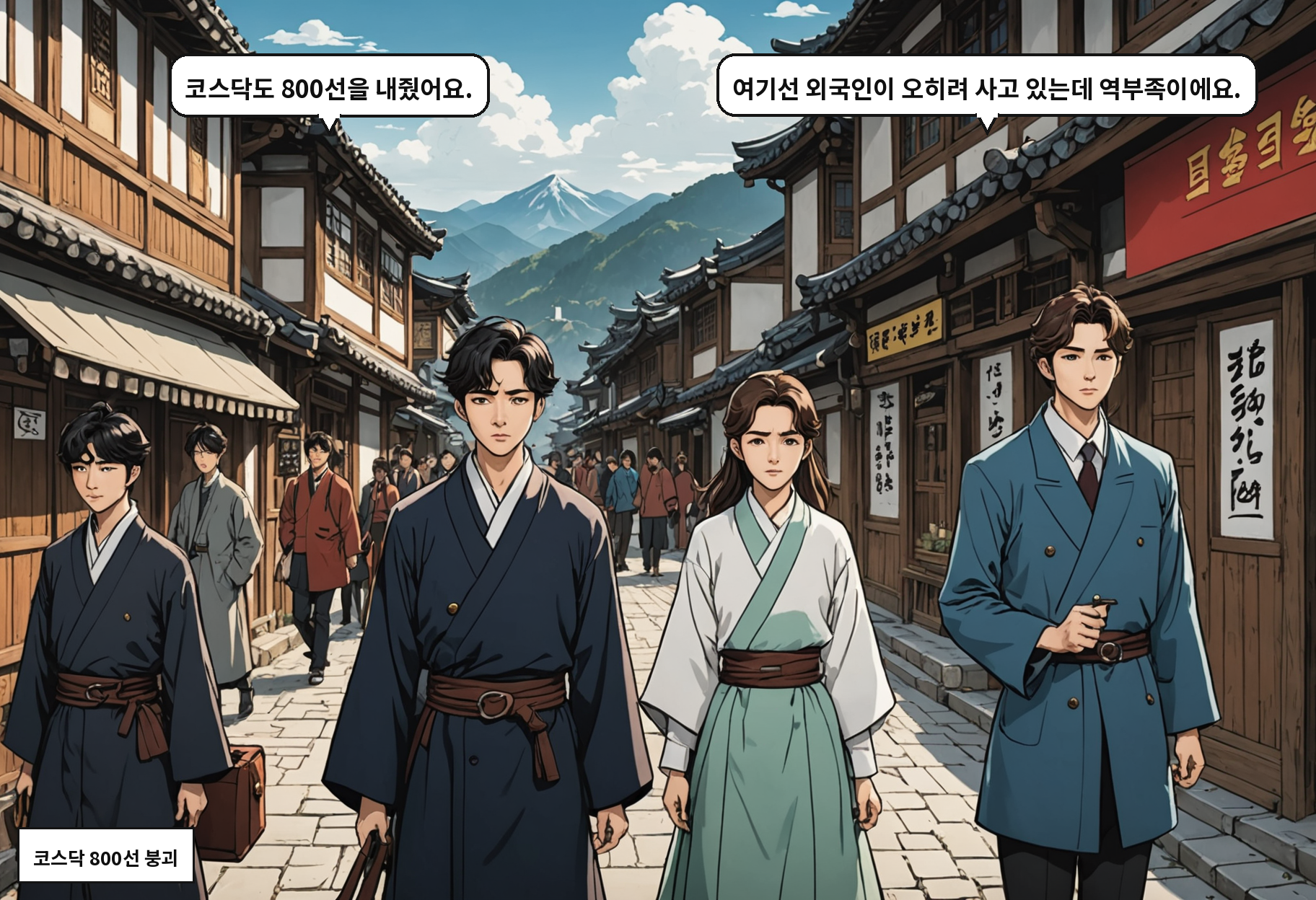 B: 코스닥도 800선을 내줬어요. A: 여기선 외국인이 오히려 사고 있는데 역부족이에요.