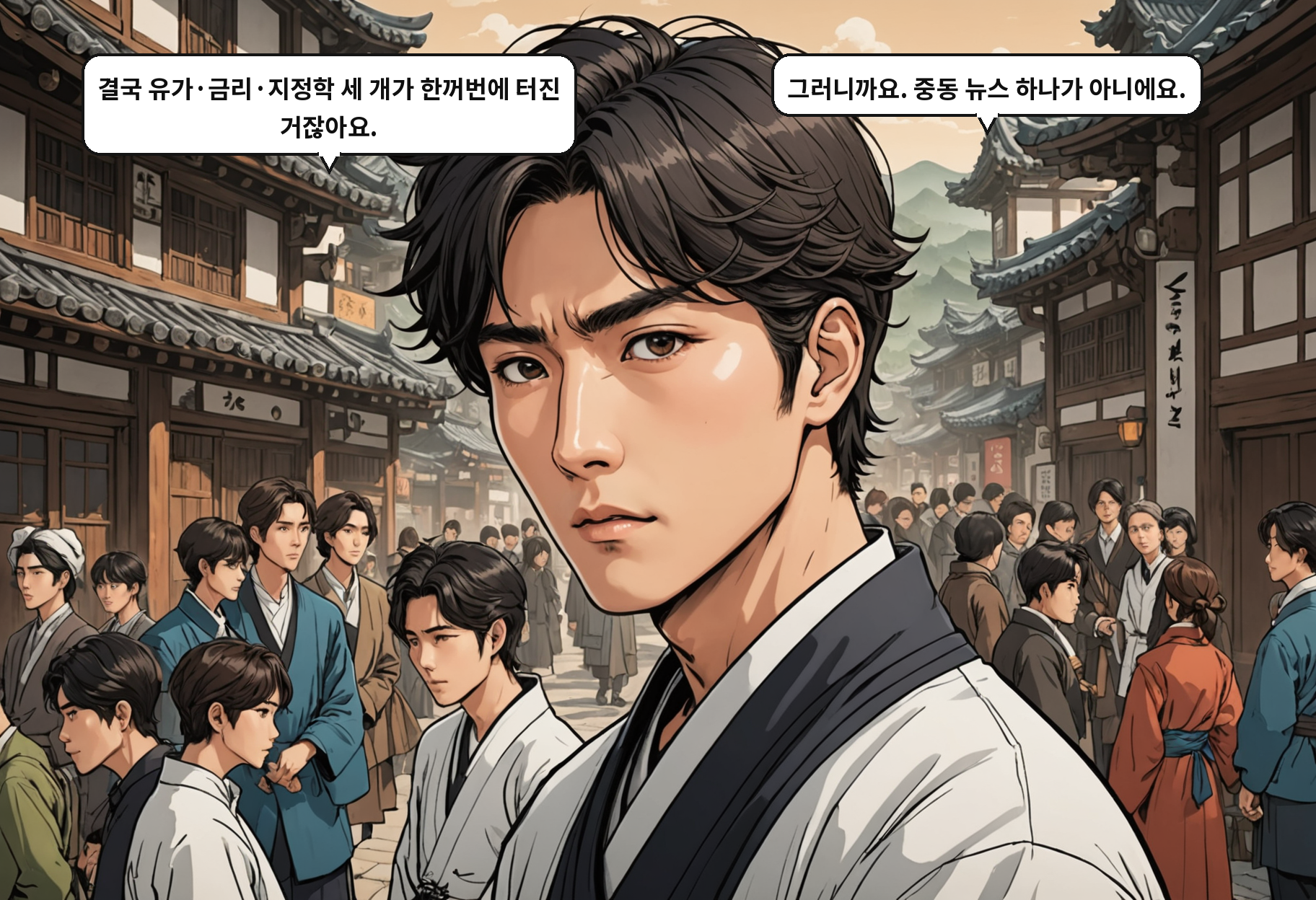 A: 결국 유가·금리·지정학 세 개가 한꺼번에 터진 거잖아요. B: 그러니까요. 중동 뉴스 하나가 아니에요.