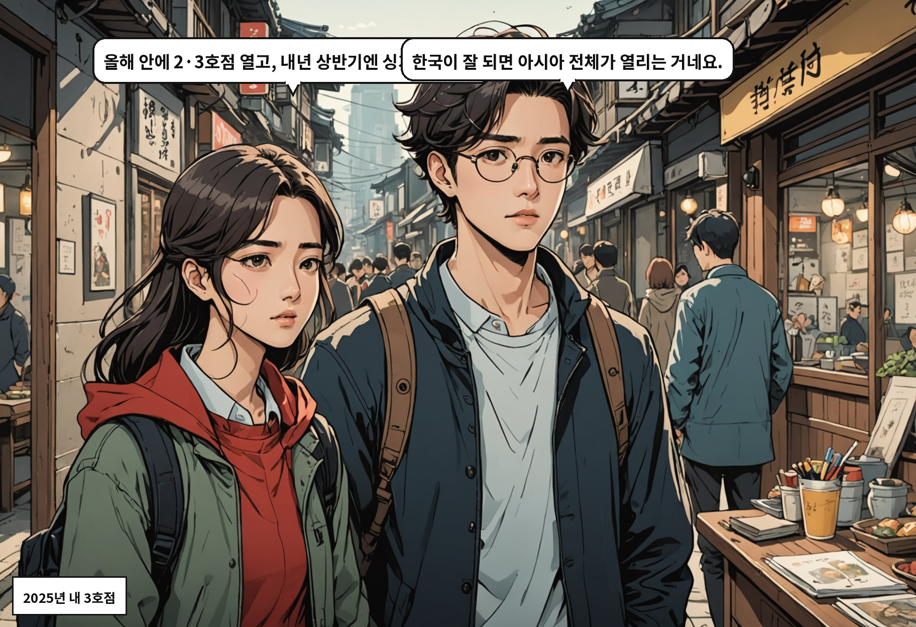 B: 올해 안에 2·3호점 열고, 내년 상반기엔 싱가포르예요. A: 한국이 잘 되면 아시아 전체가 열리는 거네요.
