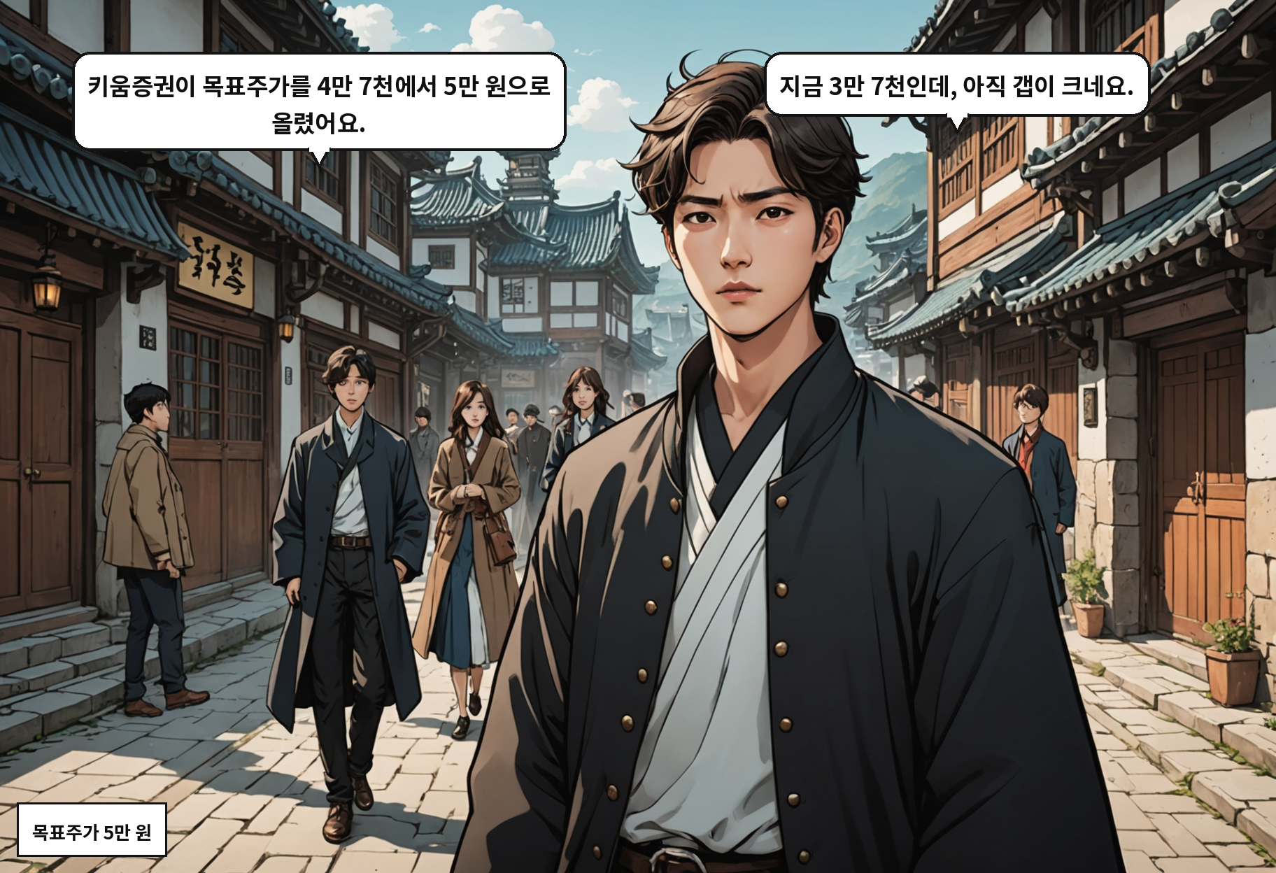 A: 키움증권이 목표주가를 4만 7천에서 5만 원으로 올렸어요. B: 지금 3만 7천인데, 아직 갭이 크네요.