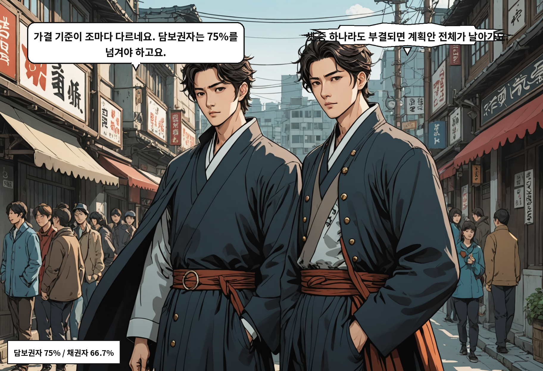 A: 가결 기준이 조마다 다르네요. 담보권자는 75%를 넘겨야 하고요. B: 셋 중 하나라도 부결되면 계획안 전체가 날아가요.