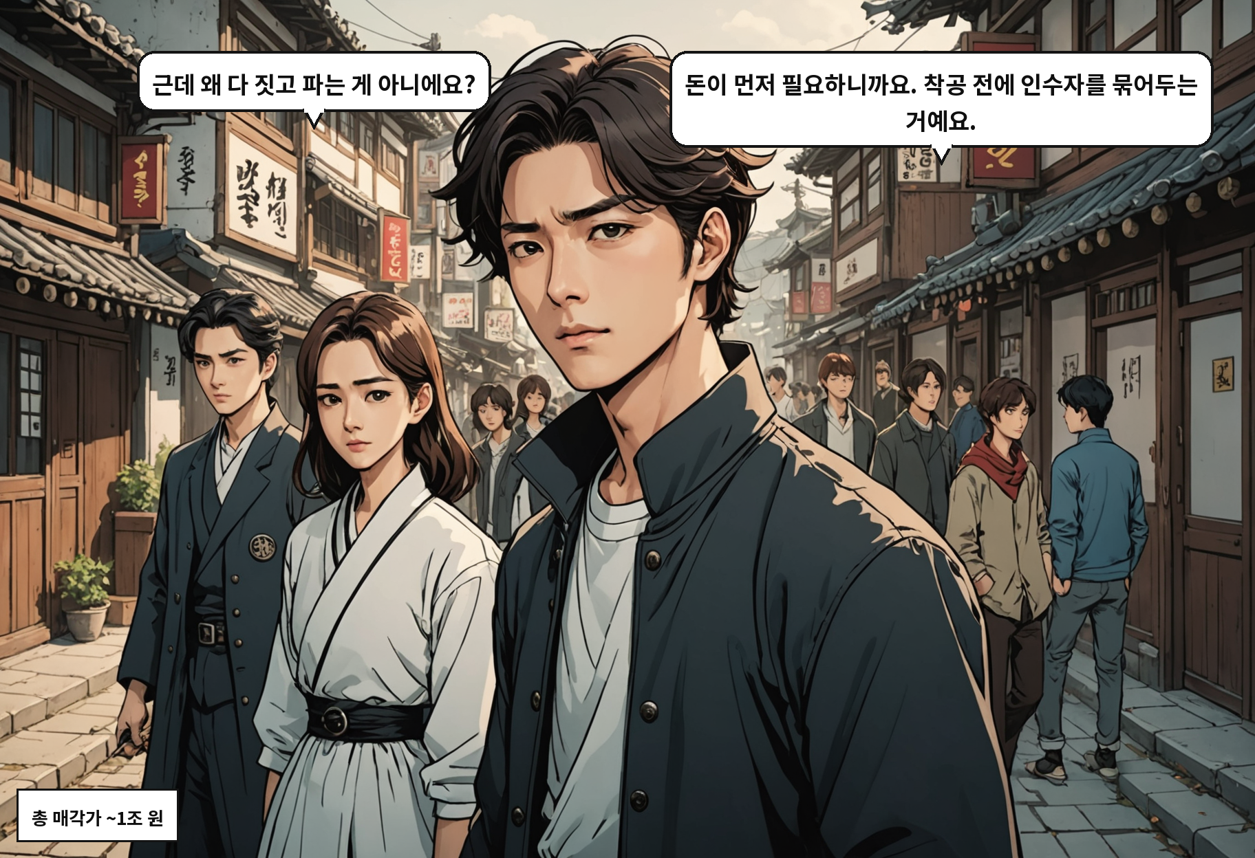 A: 근데 왜 다 짓고 파는 게 아니에요? B: 돈이 먼저 필요하니까요. 착공 전에 인수자를 묶어두는 거예요.