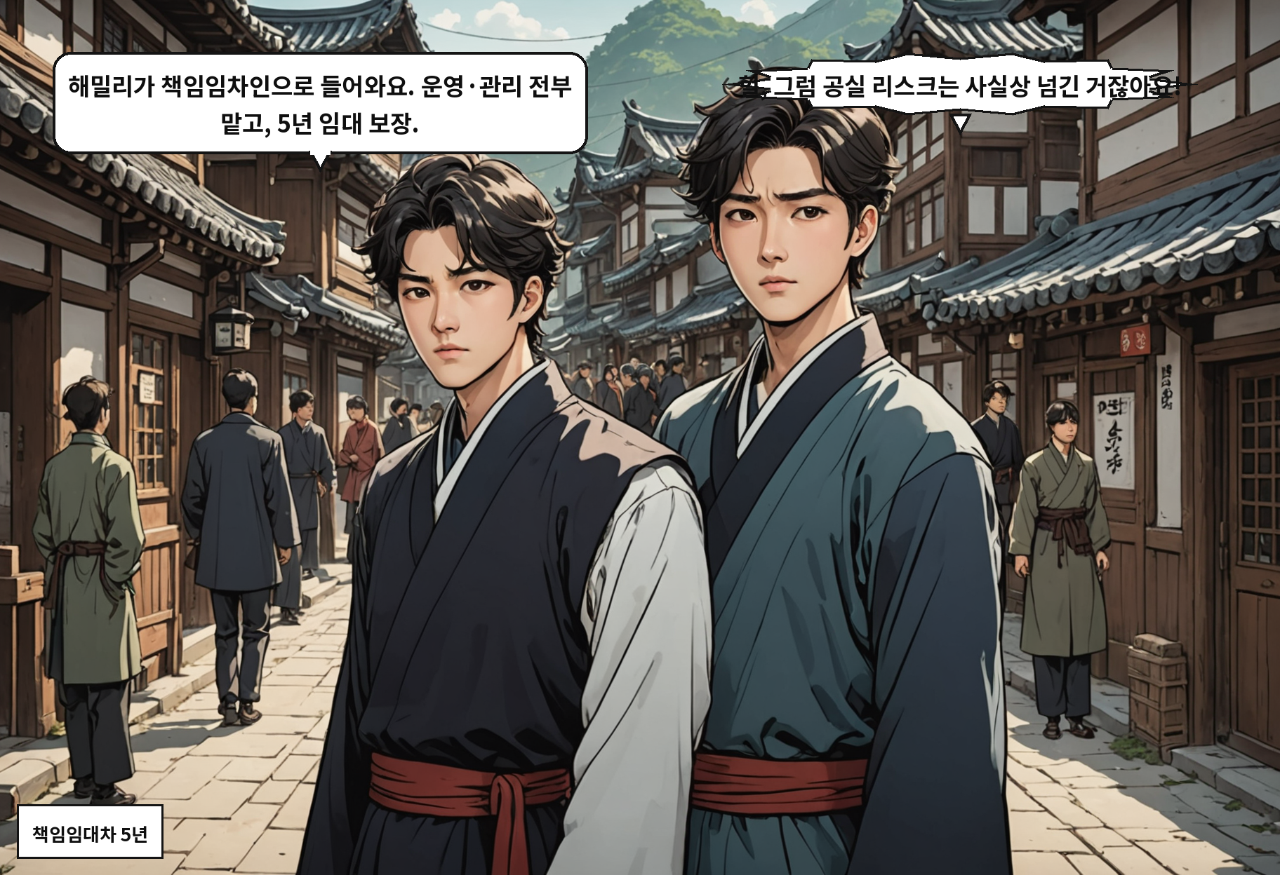 B: 해밀리가 책임임차인으로 들어와요. 운영·관리 전부 맡고, 5년 임대 보장. A: 헐, 그럼 공실 리스크는 사실상 넘긴 거잖아요!