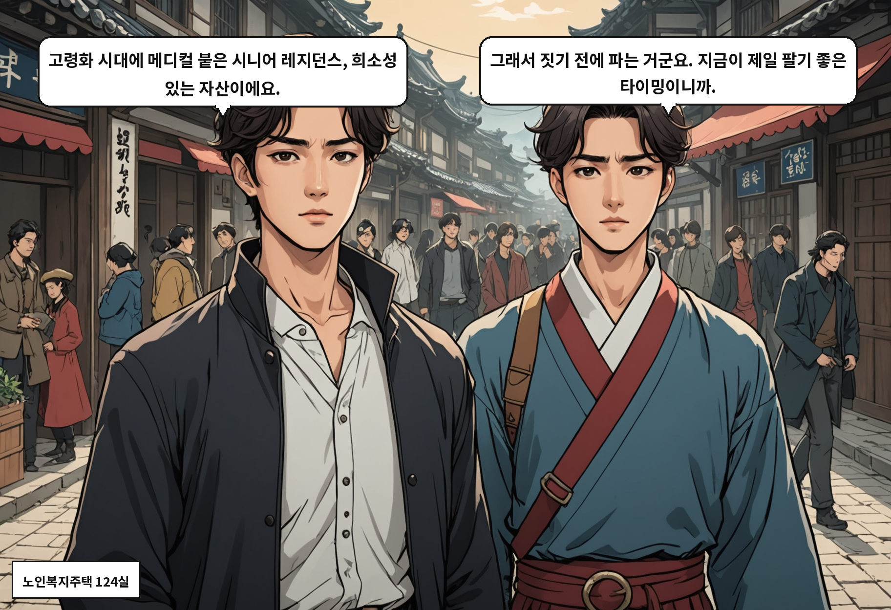 B: 고령화 시대에 메디컬 붙은 시니어 레지던스, 희소성 있는 자산이에요. A: 그래서 짓기 전에 파는 거군요. 지금이 제일 팔기 좋은 타이밍이니까.