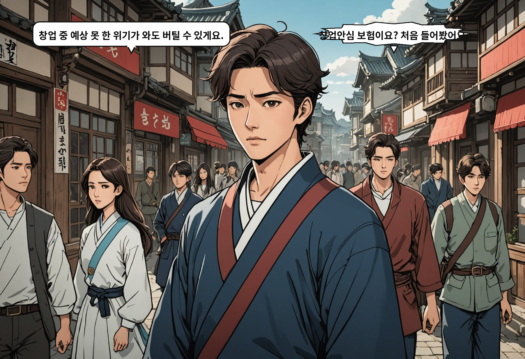 B: 창업 중 예상 못 한 위기가 와도 버틸 수 있게요. A: 창업안심 보험이요? 처음 들어봤어요.