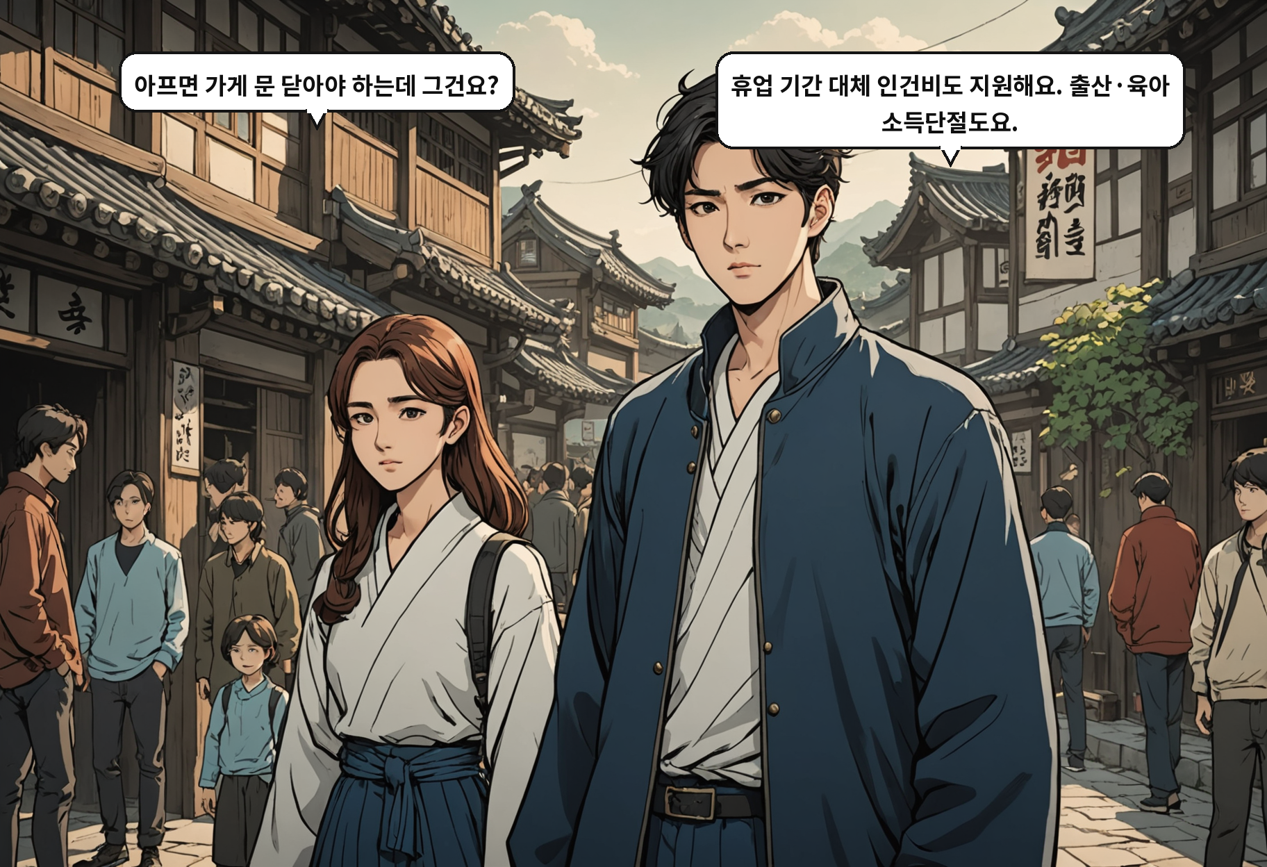 A: 아프면 가게 문 닫아야 하는데 그건요? B: 휴업 기간 대체 인건비도 지원해요. 출산·육아 소득단절도요.