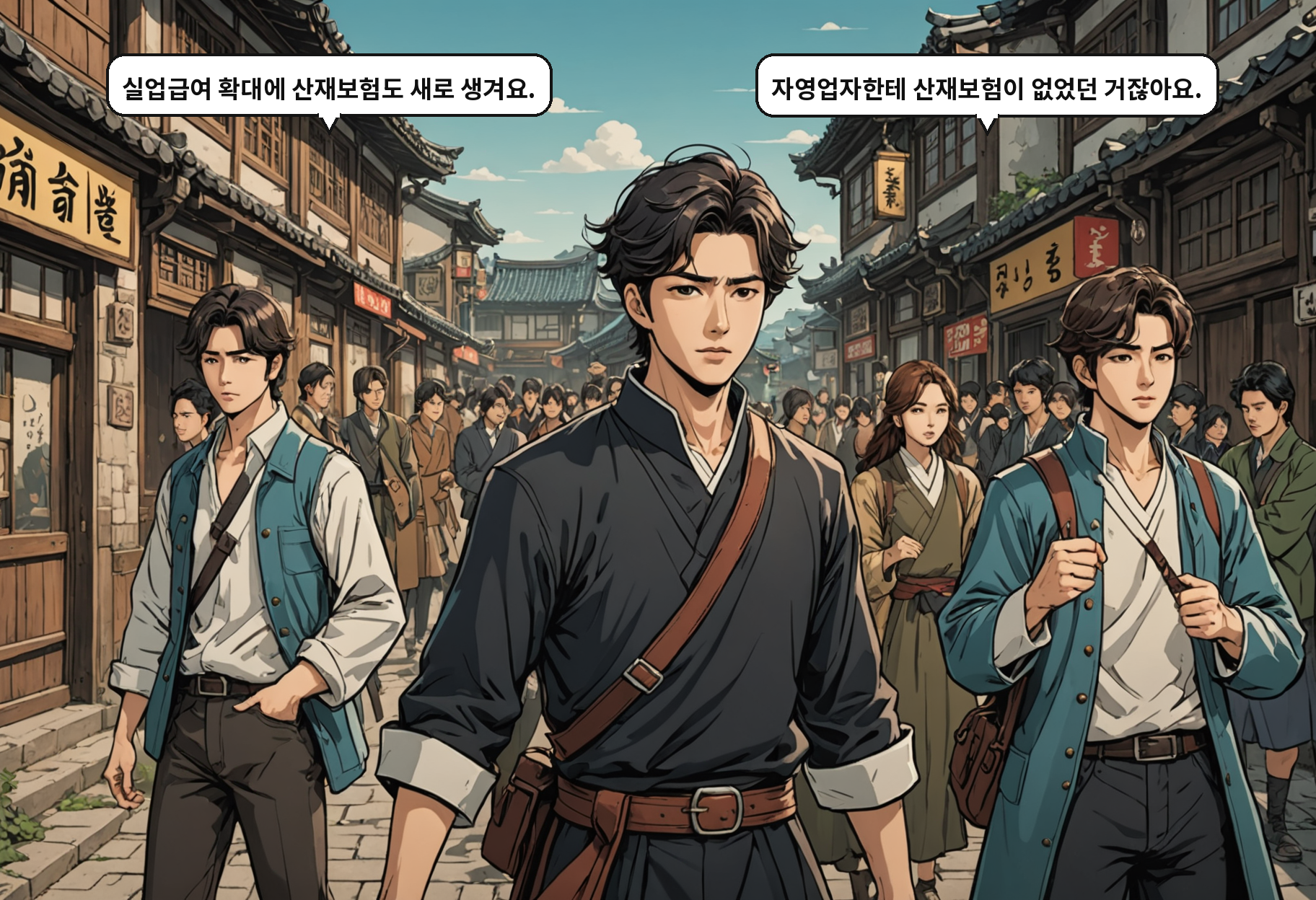 B: 실업급여 확대에 산재보험도 새로 생겨요. A: 자영업자한테 산재보험이 없었던 거잖아요.