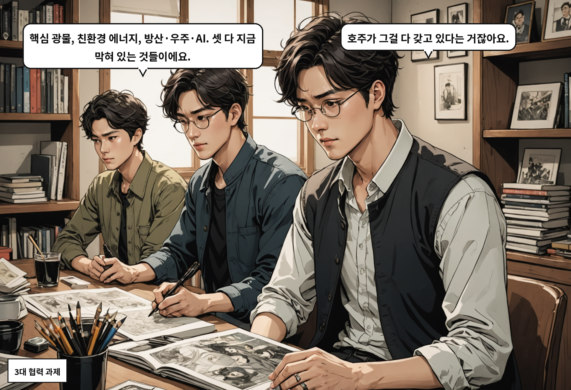 A: 핵심 광물, 친환경 에너지, 방산·우주·AI. 셋 다 지금 막혀 있는 것들이에요. B: 호주가 그걸 다 갖고 있다는 거잖아요.