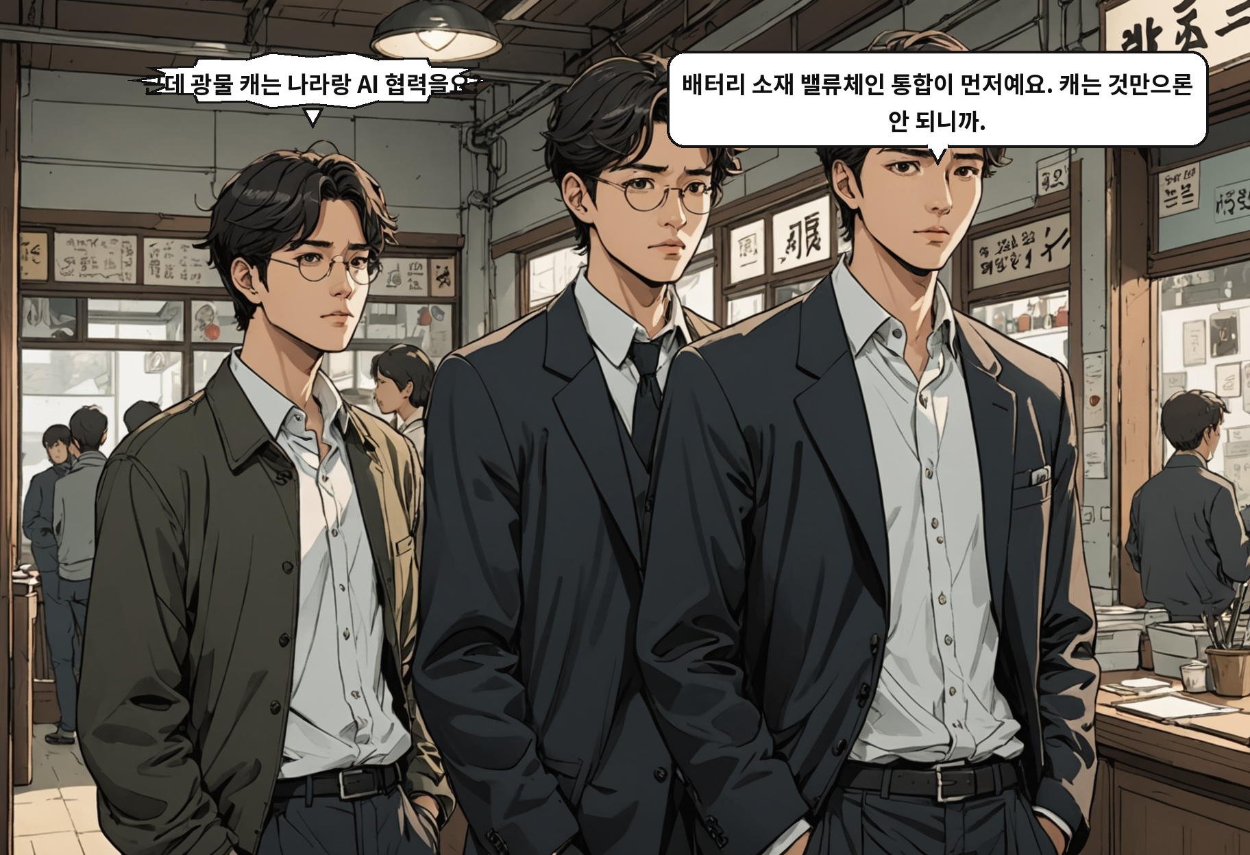 B: 근데 광물 캐는 나라랑 AI 협력을요? A: 배터리 소재 밸류체인 통합이 먼저예요. 캐는 것만으론 안 되니까.