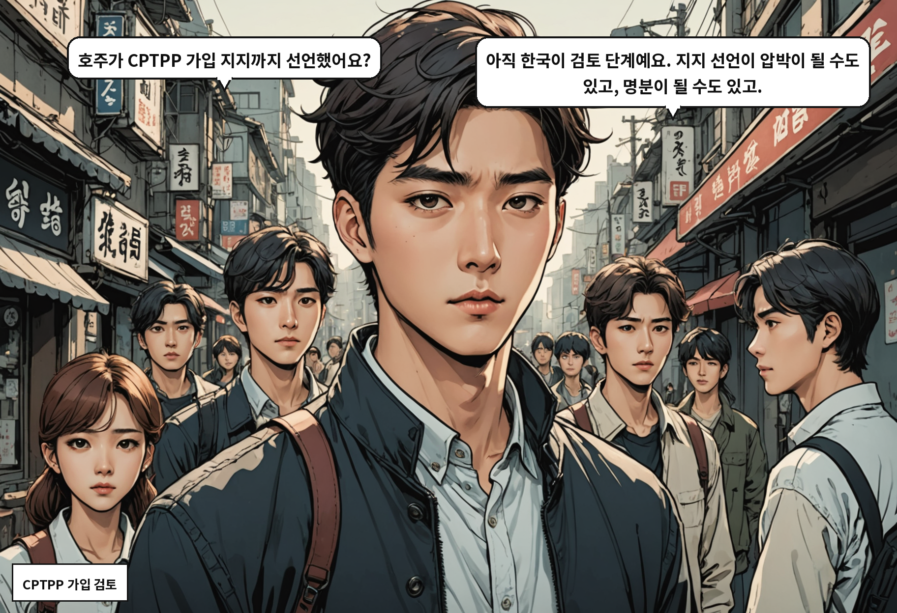 B: 호주가 CPTPP 가입 지지까지 선언했어요? A: 아직 한국이 검토 단계예요. 지지 선언이 압박이 될 수도 있고, 명분이 될 수도 있고.