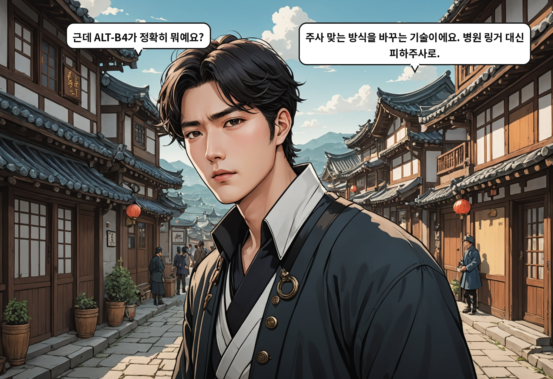 B: 근데 ALT-B4가 정확히 뭐예요? A: 주사 맞는 방식을 바꾸는 기술이에요. 병원 링거 대신 피하주사로.