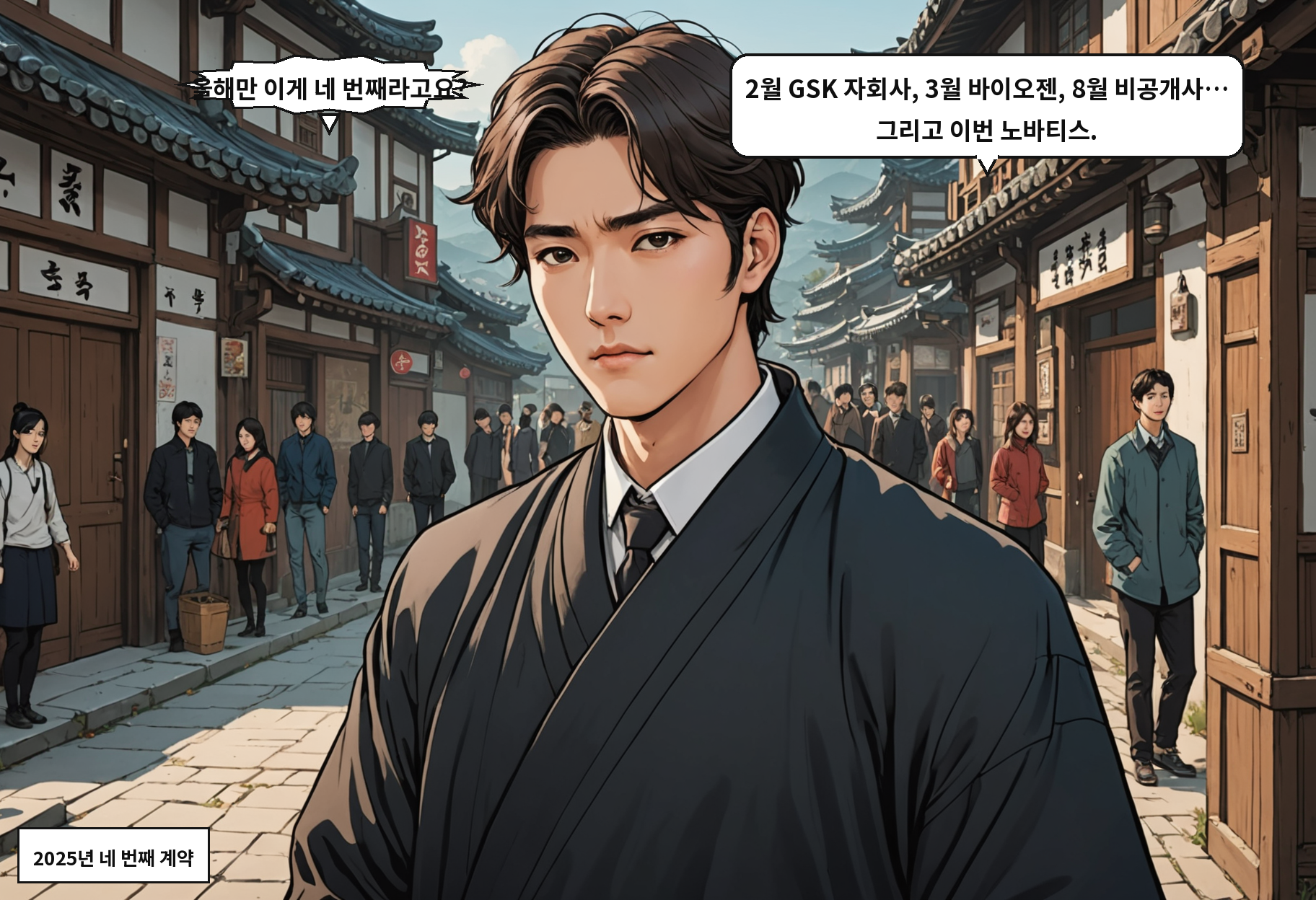 B: 올해만 이게 네 번째라고요? A: 2월 GSK 자회사, 3월 바이오젠, 8월 비공개사… 그리고 이번 노바티스.