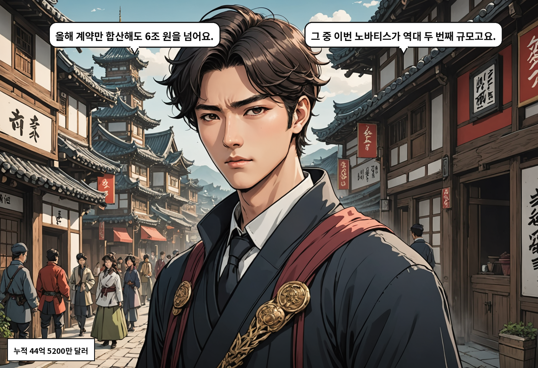 A: 올해 계약만 합산해도 6조 원을 넘어요. B: 그 중 이번 노바티스가 역대 두 번째 규모고요.