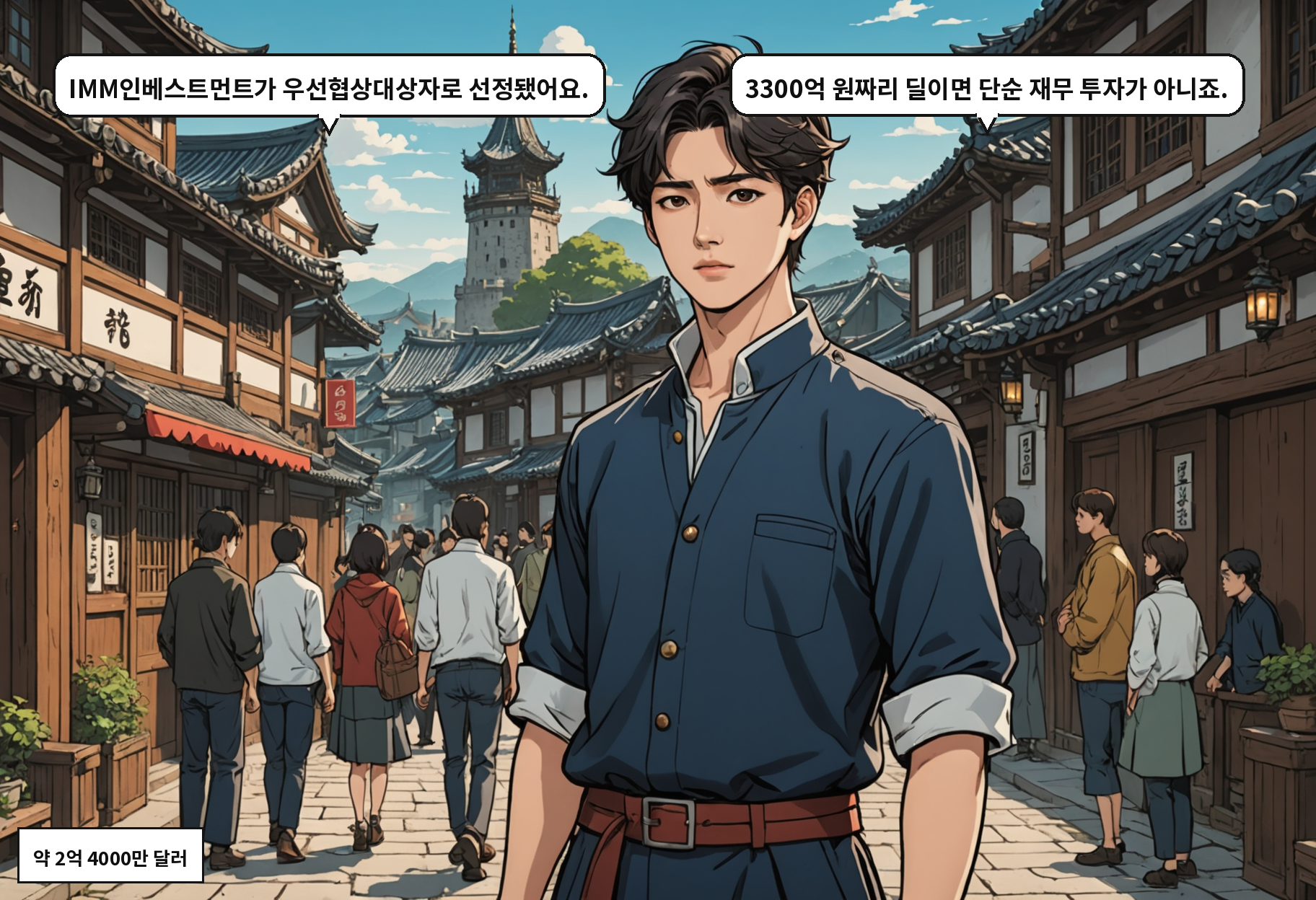 A: IMM인베스트먼트가 우선협상대상자로 선정됐어요. B: 3300억 원짜리 딜이면 단순 재무 투자가 아니죠.