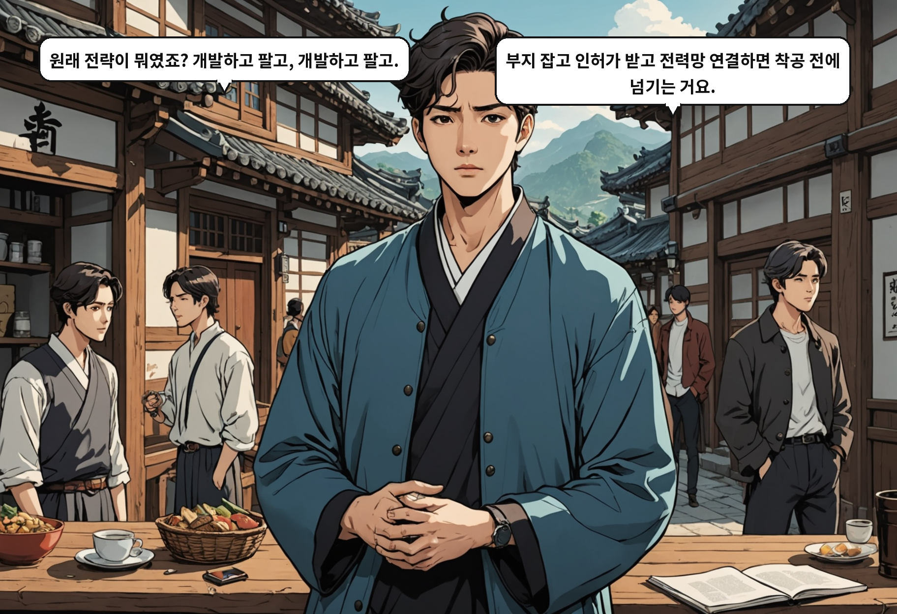 B: 원래 전략이 뭐였죠? 개발하고 팔고, 개발하고 팔고. A: 부지 잡고 인허가 받고 전력망 연결하면 착공 전에 넘기는 거요.