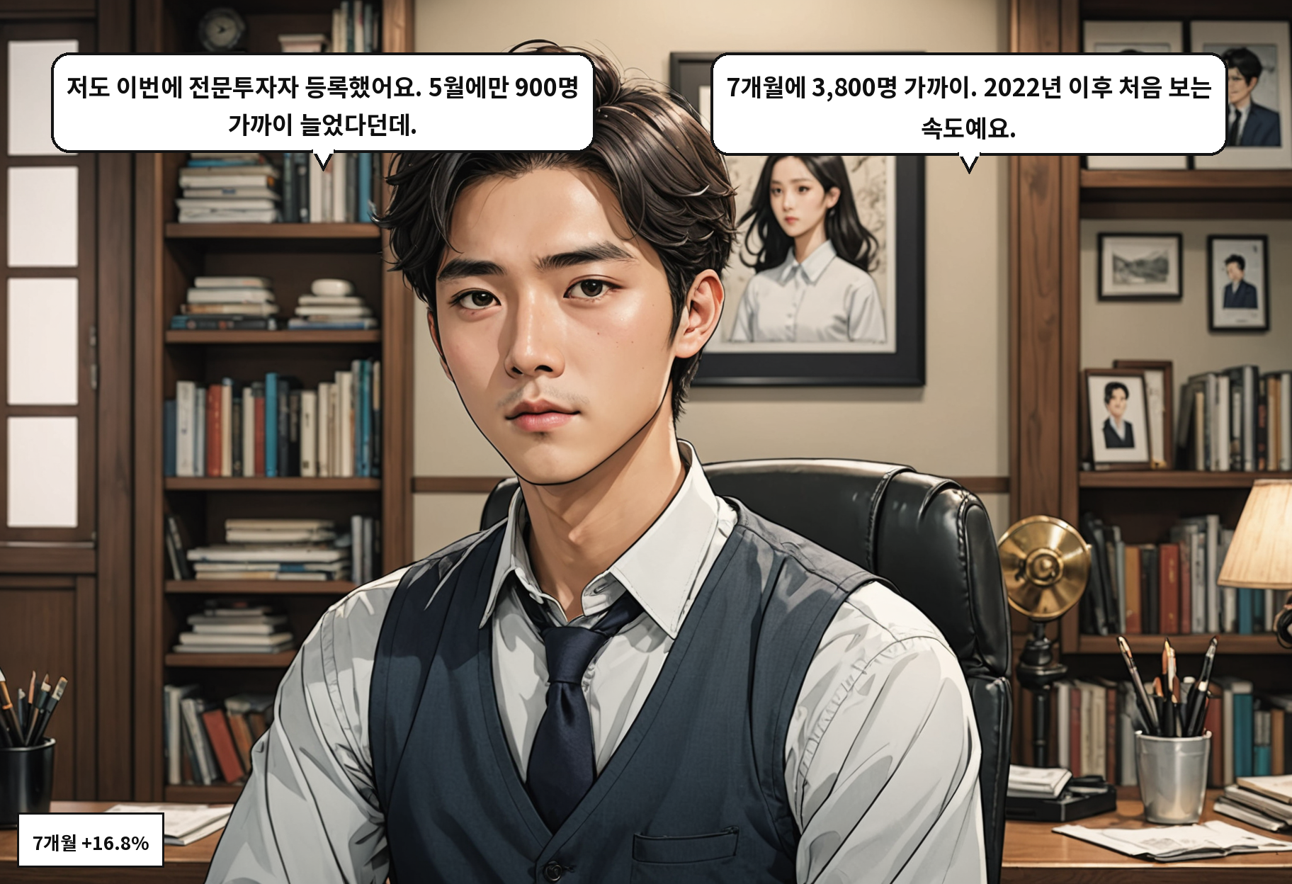 A: 저도 이번에 전문투자자 등록했어요. 5월에만 900명 가까이 늘었다던데. B: 7개월에 3,800명 가까이. 2022년 이후 처음 보는 속도예요.