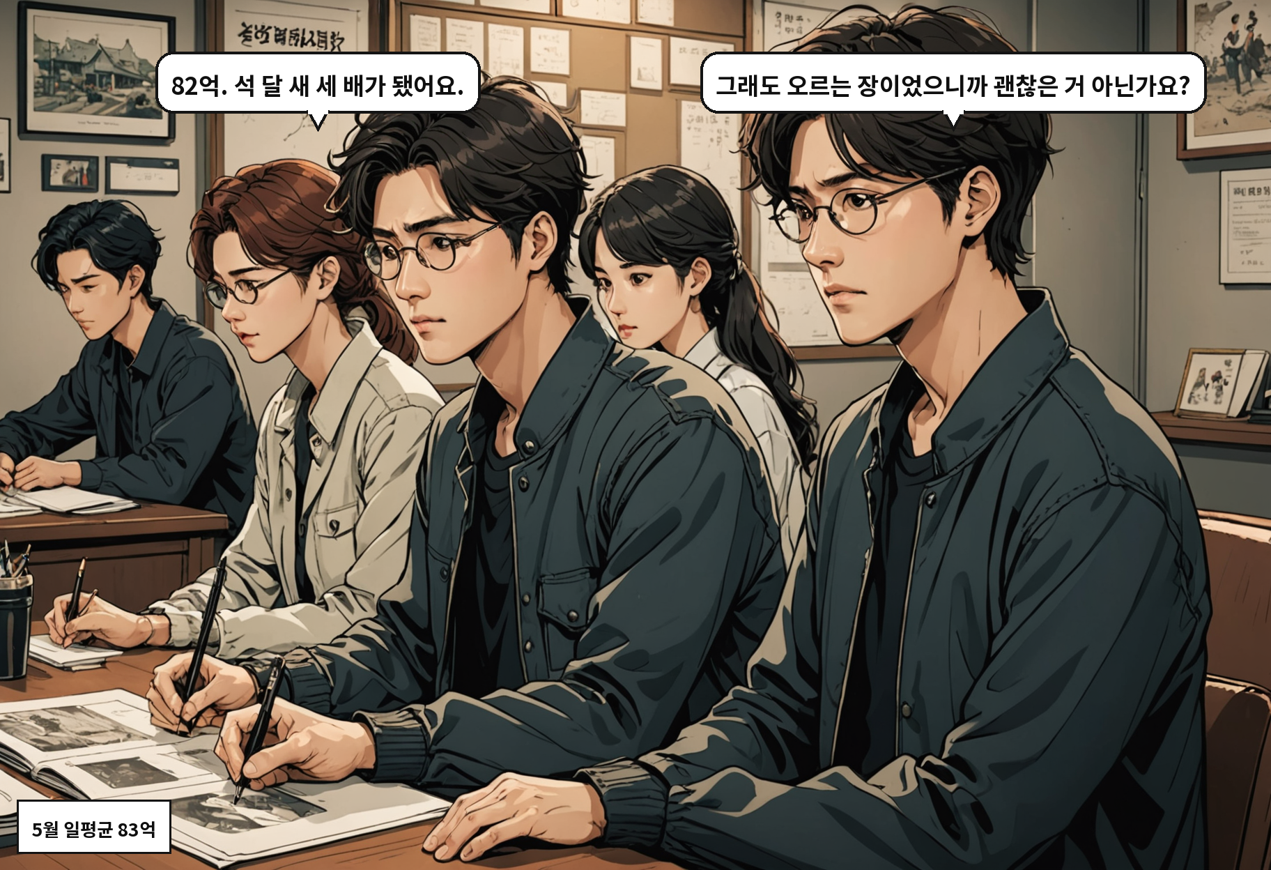 B: 82억. 석 달 새 세 배가 됐어요. A: 그래도 오르는 장이었으니까 괜찮은 거 아닌가요?