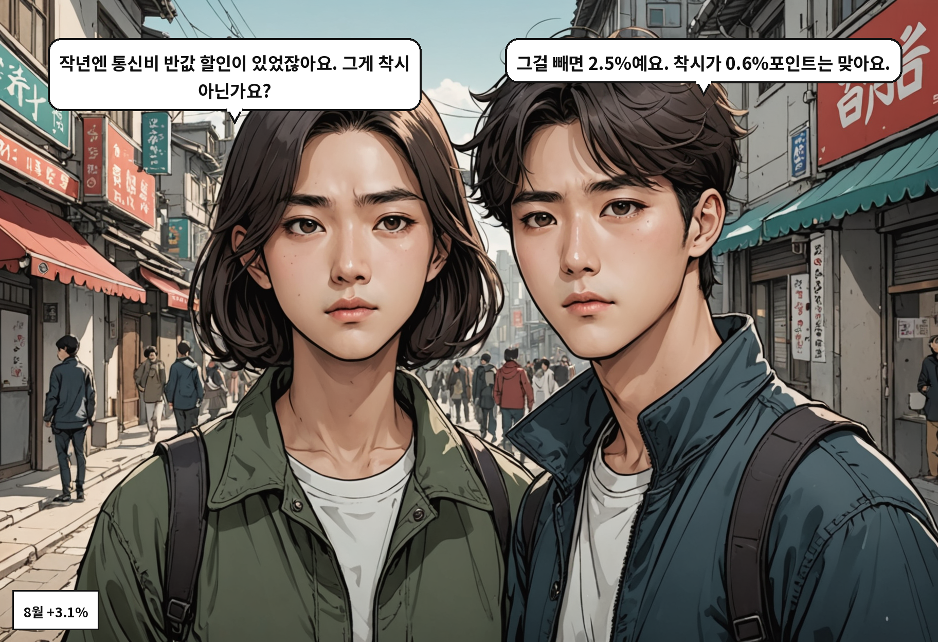 A: 작년엔 통신비 반값 할인이 있었잖아요. 그게 착시 아닌가요? B: 그걸 빼면 2.5%예요. 착시가 0.6%포인트는 맞아요.