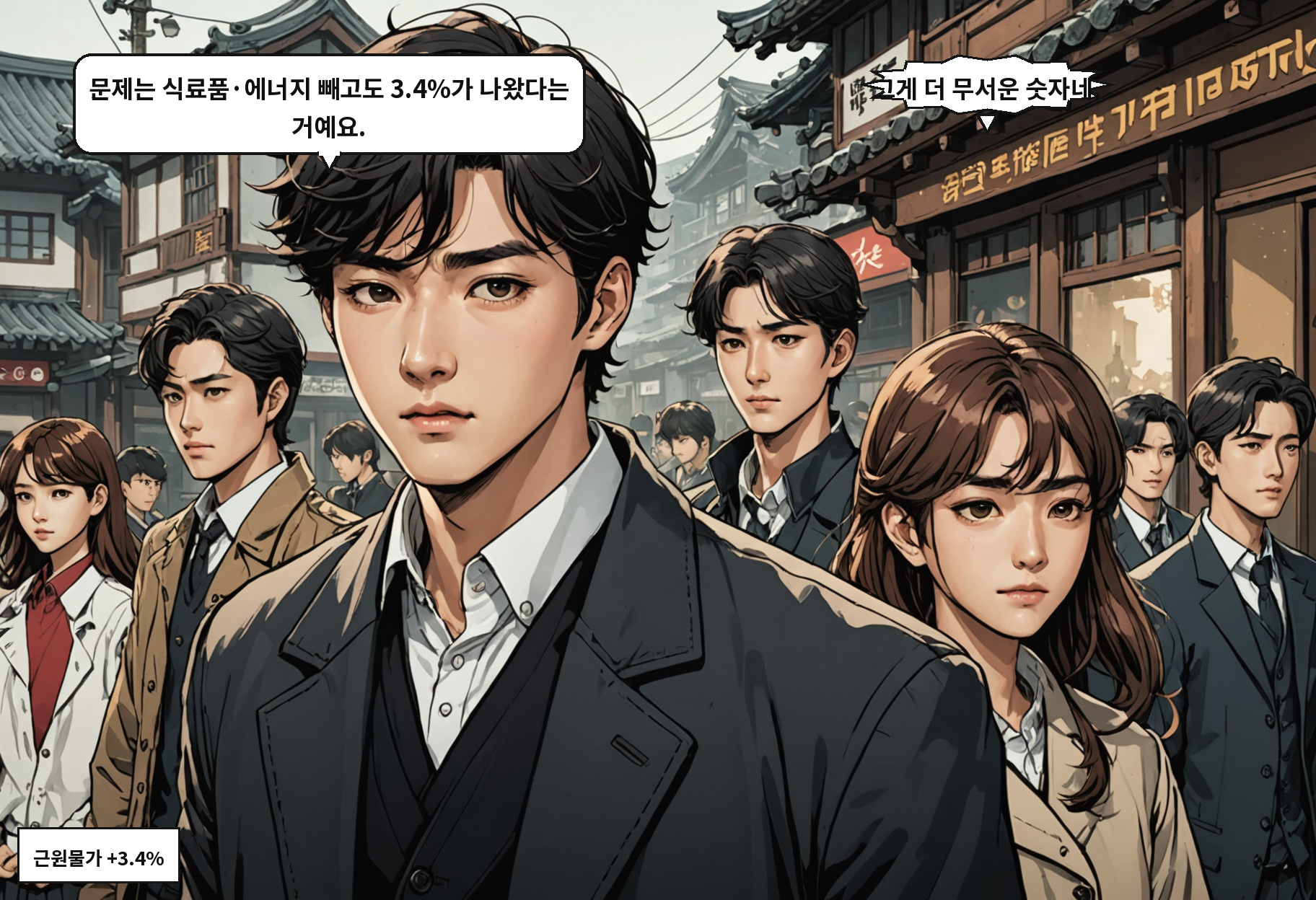 B: 문제는 식료품·에너지 빼고도 3.4%가 나왔다는 거예요. A: 그게 더 무서운 숫자네.
