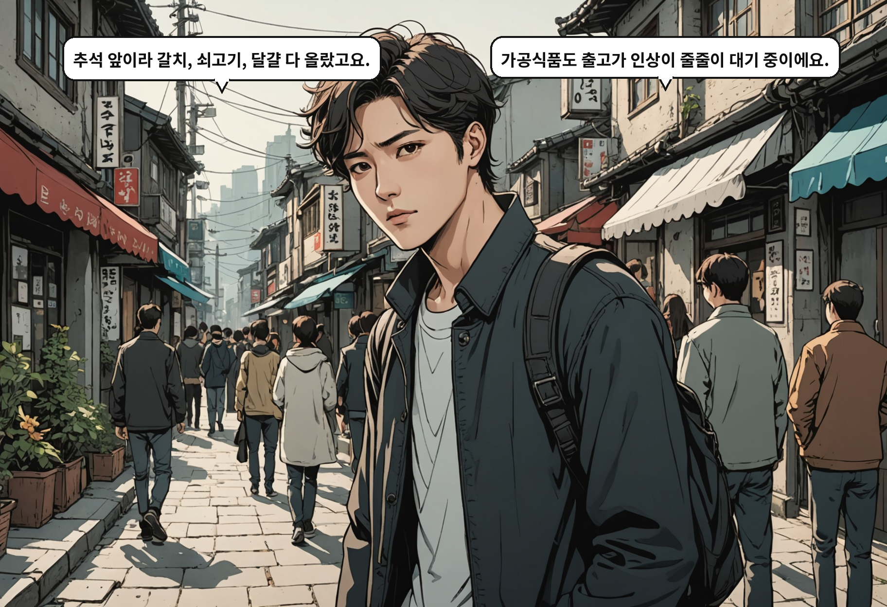 A: 추석 앞이라 갈치, 쇠고기, 달걀 다 올랐고요. B: 가공식품도 출고가 인상이 줄줄이 대기 중이에요.