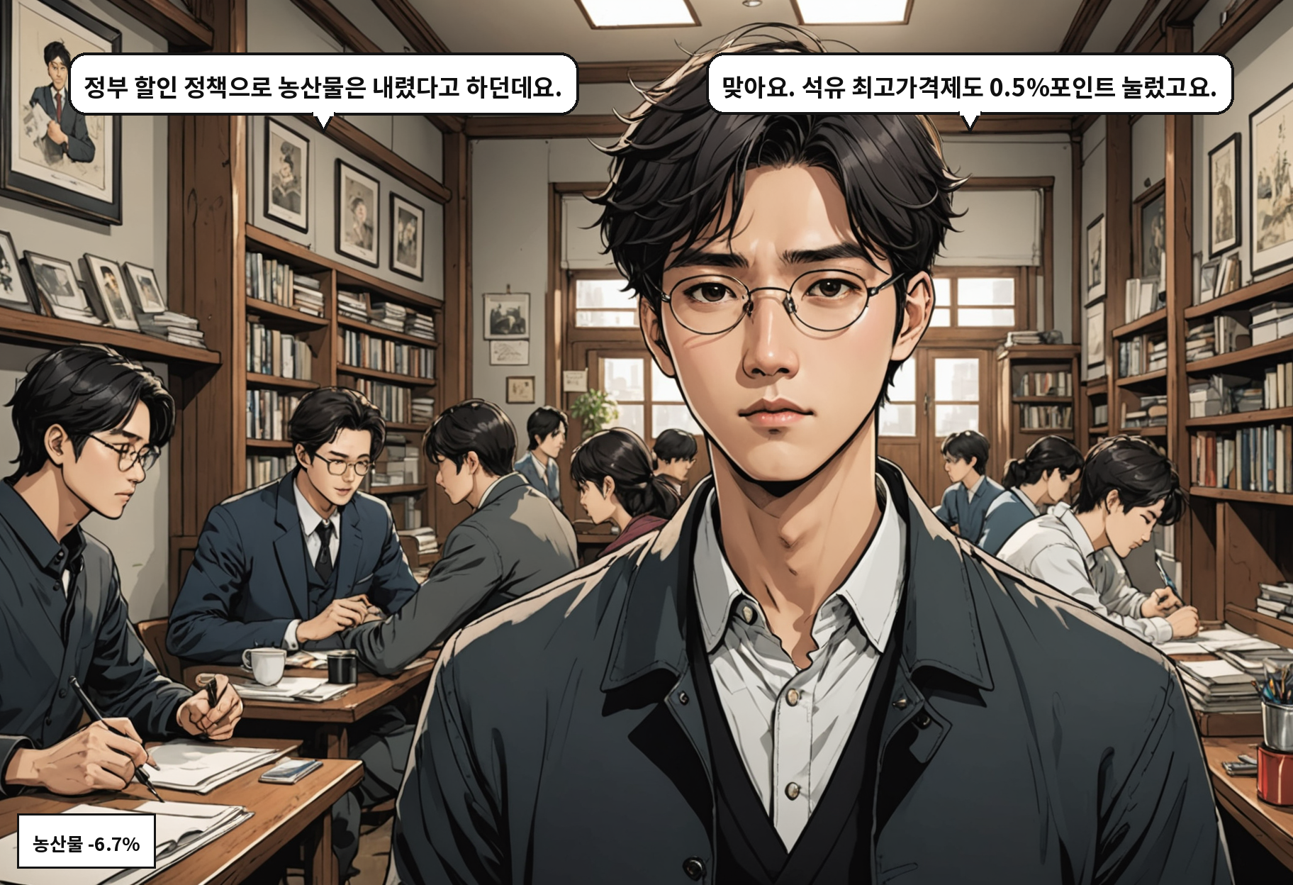 A: 정부 할인 정책으로 농산물은 내렸다고 하던데요. B: 맞아요. 석유 최고가격제도 0.5%포인트 눌렀고요.