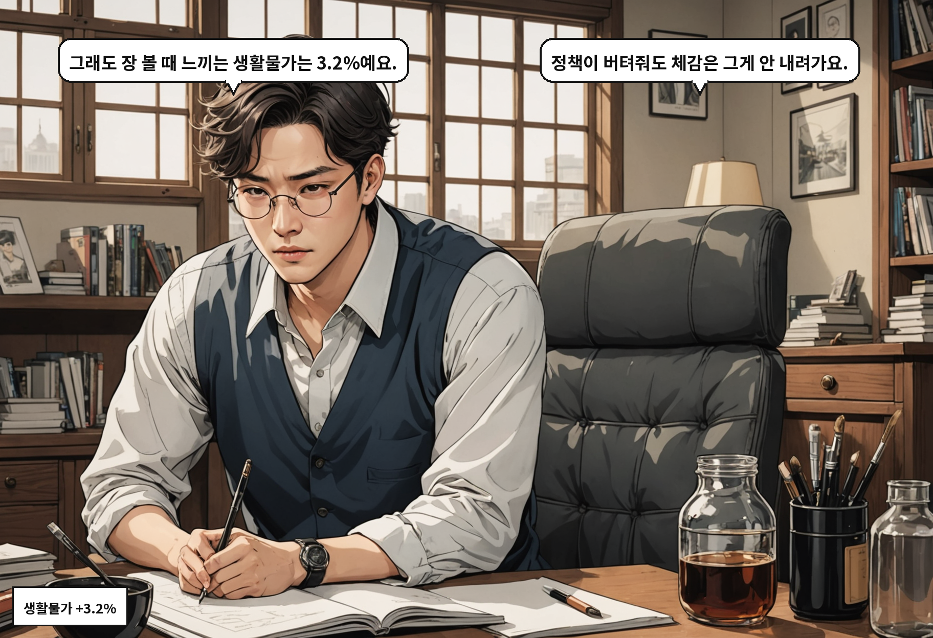 B: 그래도 장 볼 때 느끼는 생활물가는 3.2%예요. A: 정책이 버텨줘도 체감은 그게 안 내려가요.
