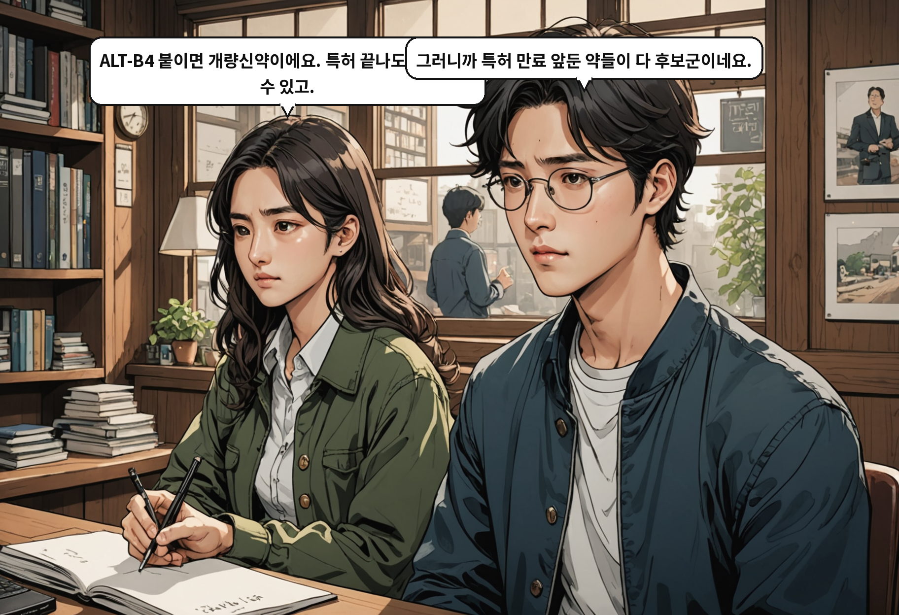 A: ALT-B4 붙이면 개량신약이에요. 특허 끝나도 시장 지킬 수 있고. B: 그러니까 특허 만료 앞둔 약들이 다 후보군이네요.