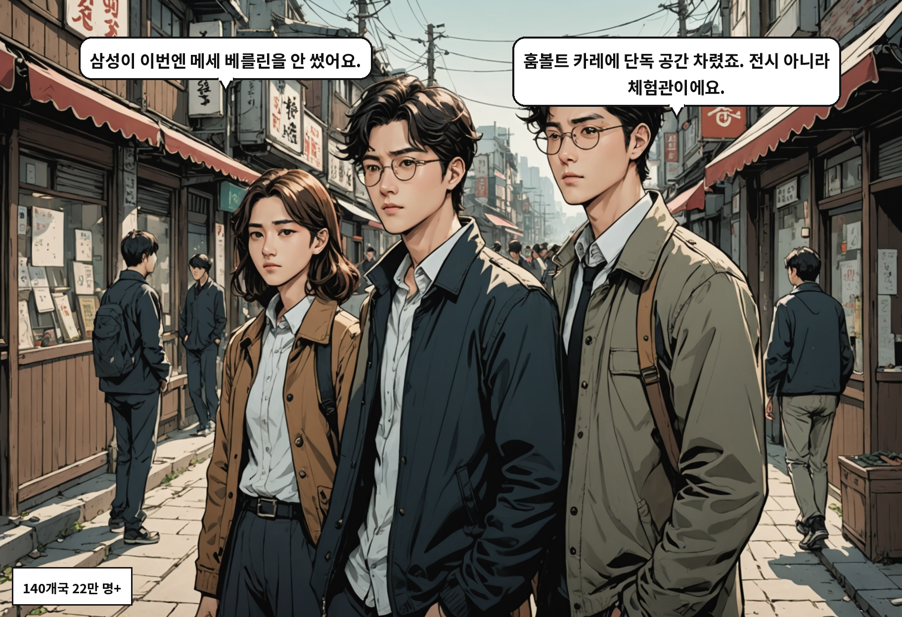 A: 삼성이 이번엔 메세 베를린을 안 썼어요. B: 훔볼트 카레에 단독 공간 차렸죠. 전시 아니라 체험관이에요.