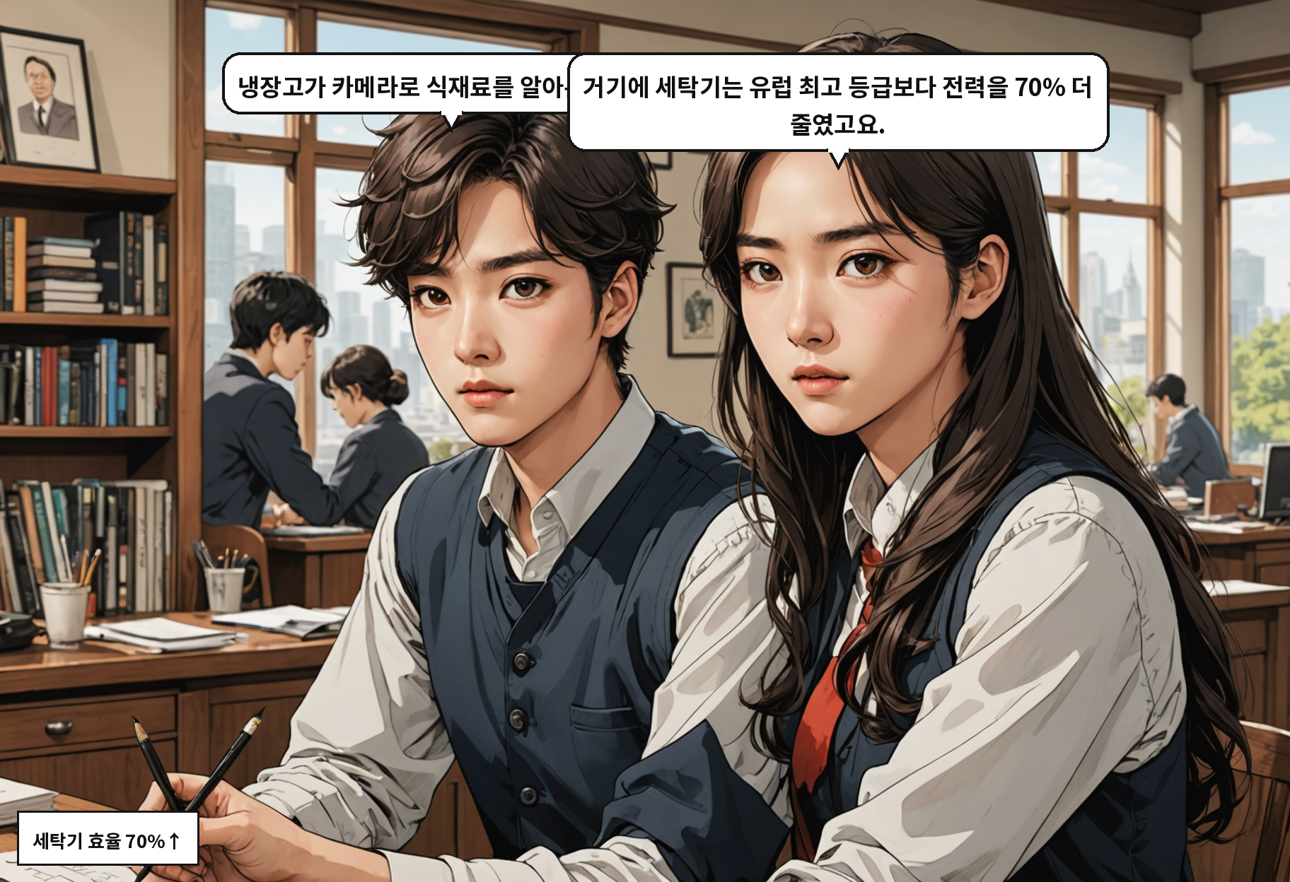 A: 냉장고가 카메라로 식재료를 알아본다고요? B: 거기에 세탁기는 유럽 최고 등급보다 전력을 70% 더 줄였고요.