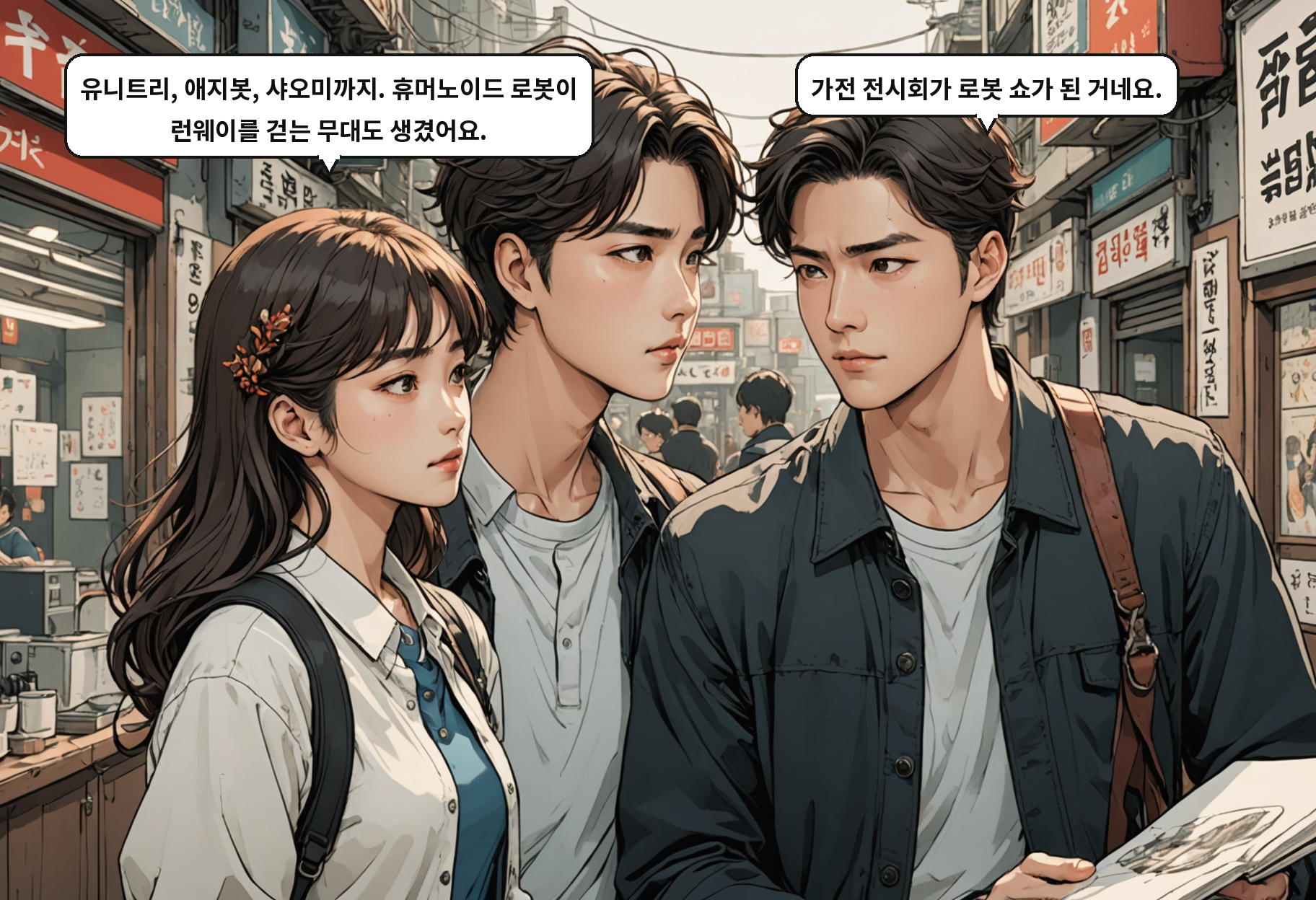 B: 유니트리, 애지봇, 샤오미까지. 휴머노이드 로봇이 런웨이를 걷는 무대도 생겼어요. A: 가전 전시회가 로봇 쇼가 된 거네요.