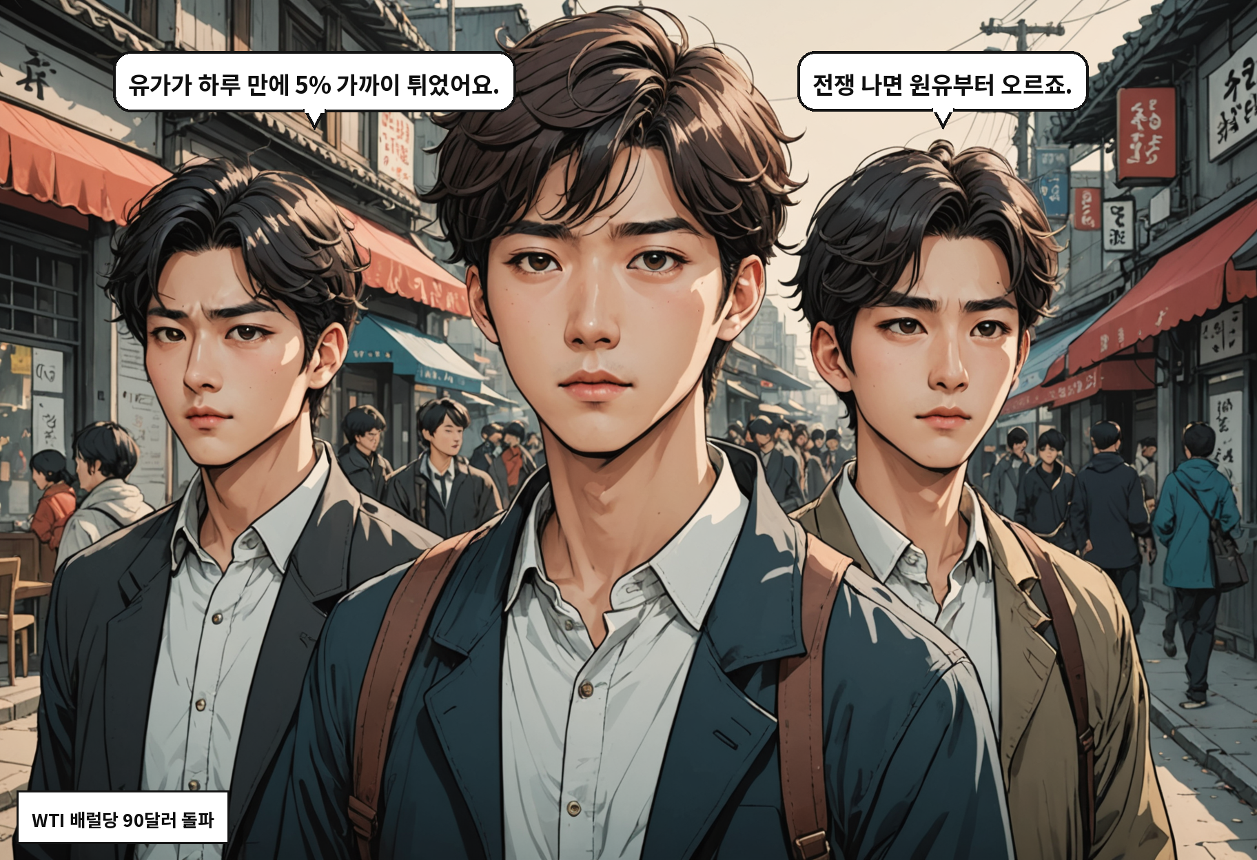A: 유가가 하루 만에 5% 가까이 튀었어요. B: 전쟁 나면 원유부터 오르죠.