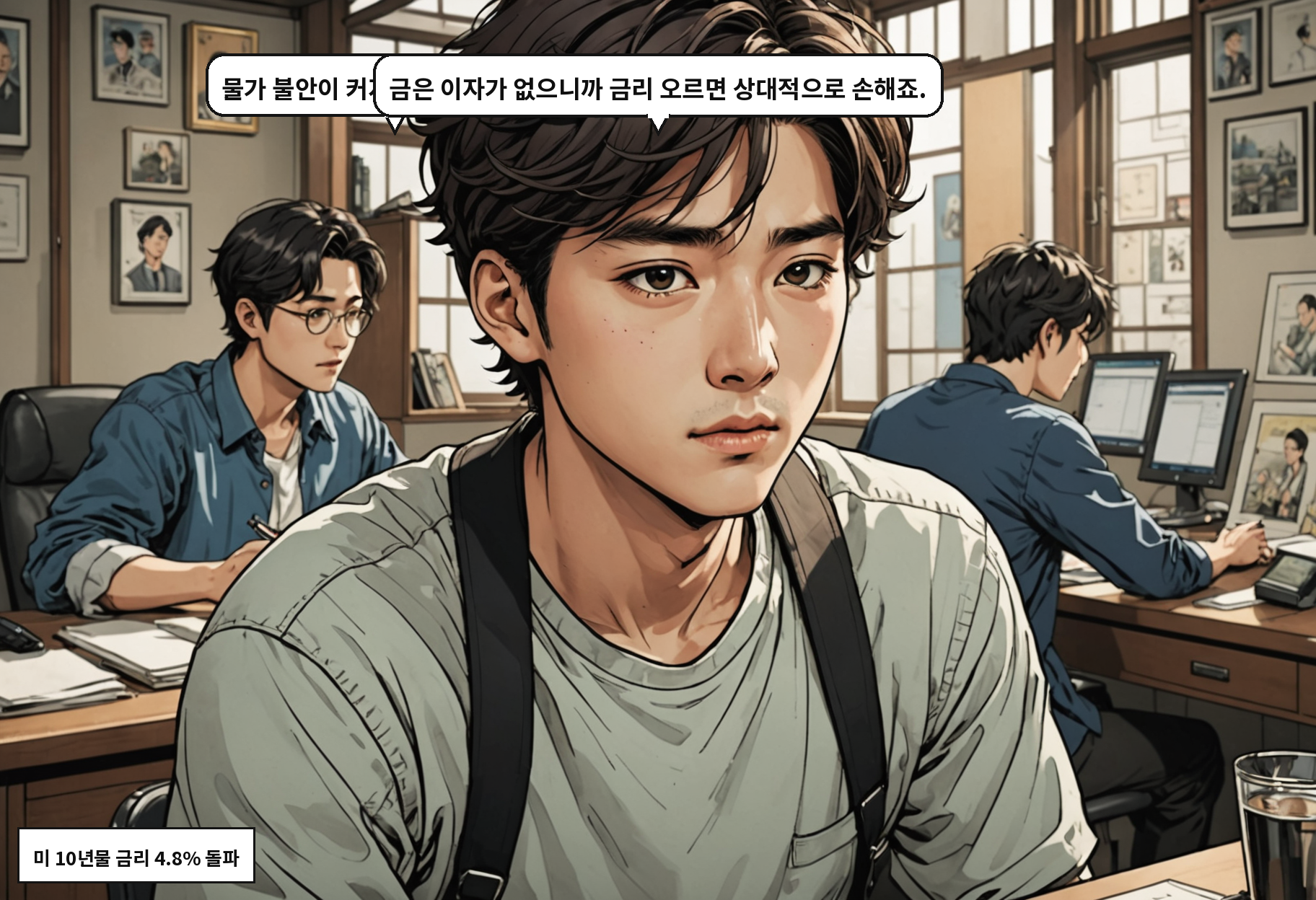 B: 물가 불안이 커지면 금리가 올라요. A: 금은 이자가 없으니까 금리 오르면 상대적으로 손해죠.