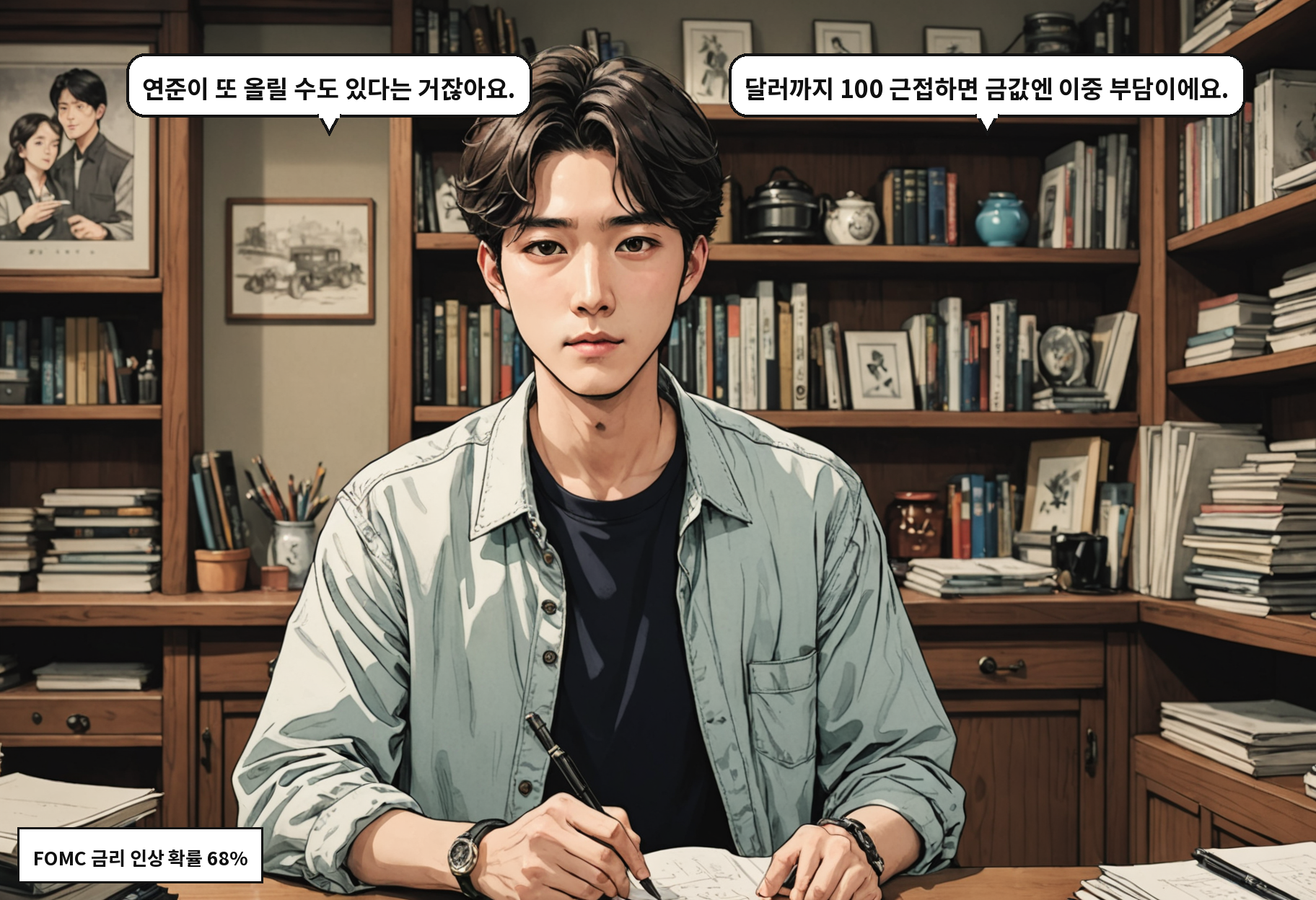 A: 연준이 또 올릴 수도 있다는 거잖아요. B: 달러까지 100 근접하면 금값엔 이중 부담이에요.