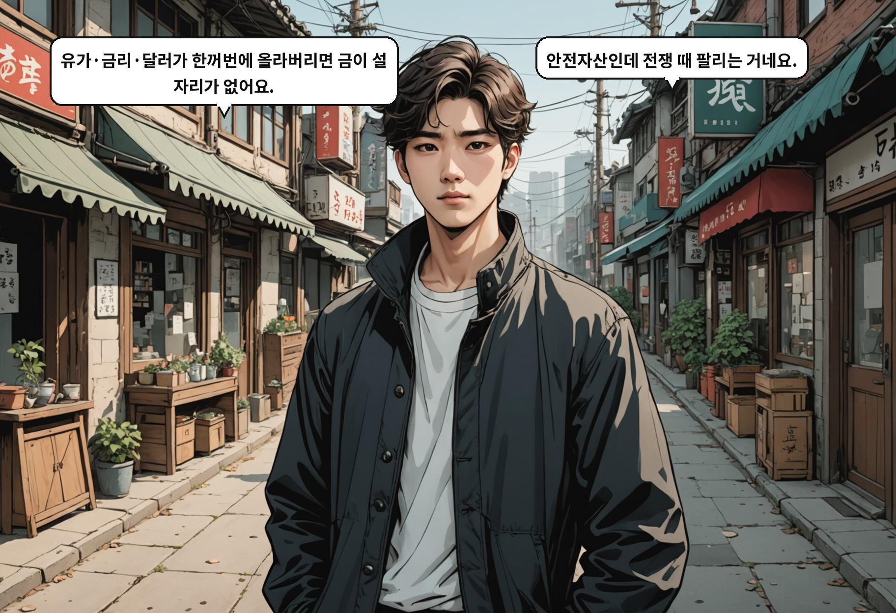 B: 유가·금리·달러가 한꺼번에 올라버리면 금이 설 자리가 없어요. A: 안전자산인데 전쟁 때 팔리는 거네요.