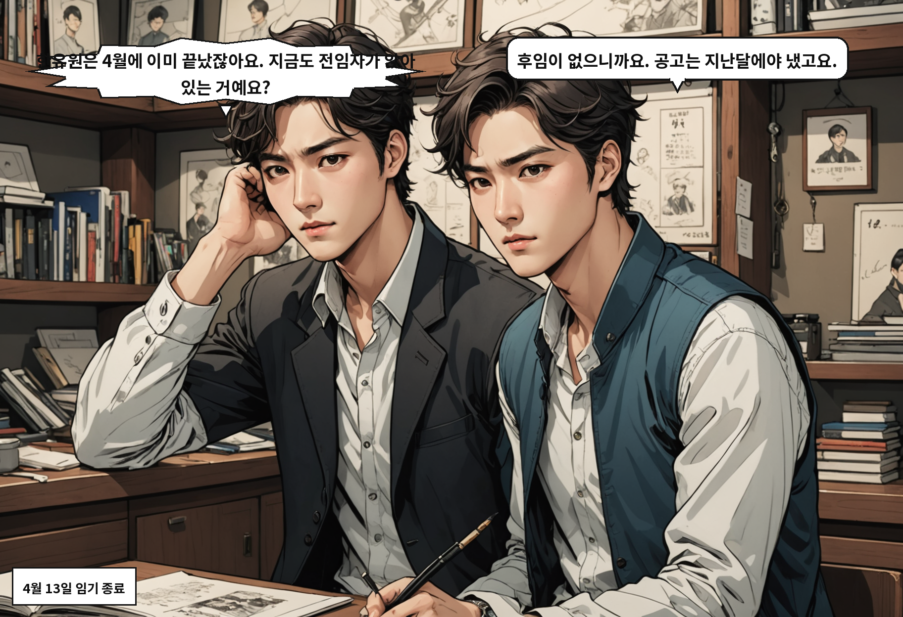 A: 한유원은 4월에 이미 끝났잖아요. 지금도 전임자가 앉아 있는 거예요? B: 후임이 없으니까요. 공고는 지난달에야 냈고요.