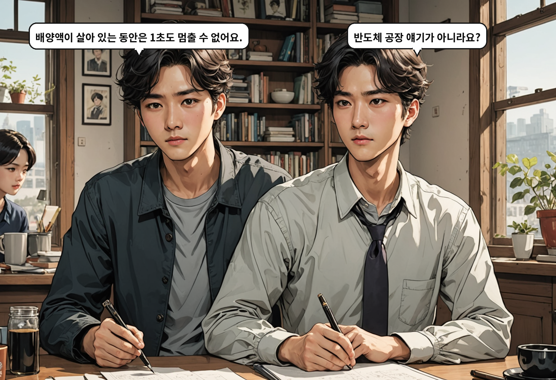 A: 배양액이 살아 있는 동안은 1초도 멈출 수 없어요. B: 반도체 공장 얘기가 아니라요?