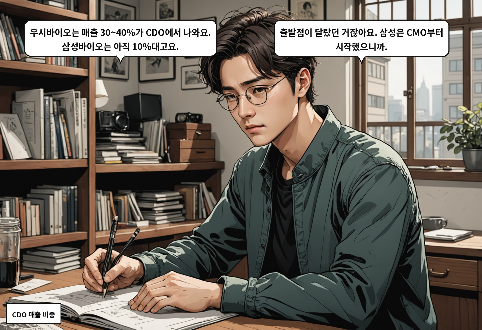 A: 우시바이오는 매출 30~40%가 CDO에서 나와요. 삼성바이오는 아직 10%대고요. B: 출발점이 달랐던 거잖아요. 삼성은 CMO부터 시작했으니까.