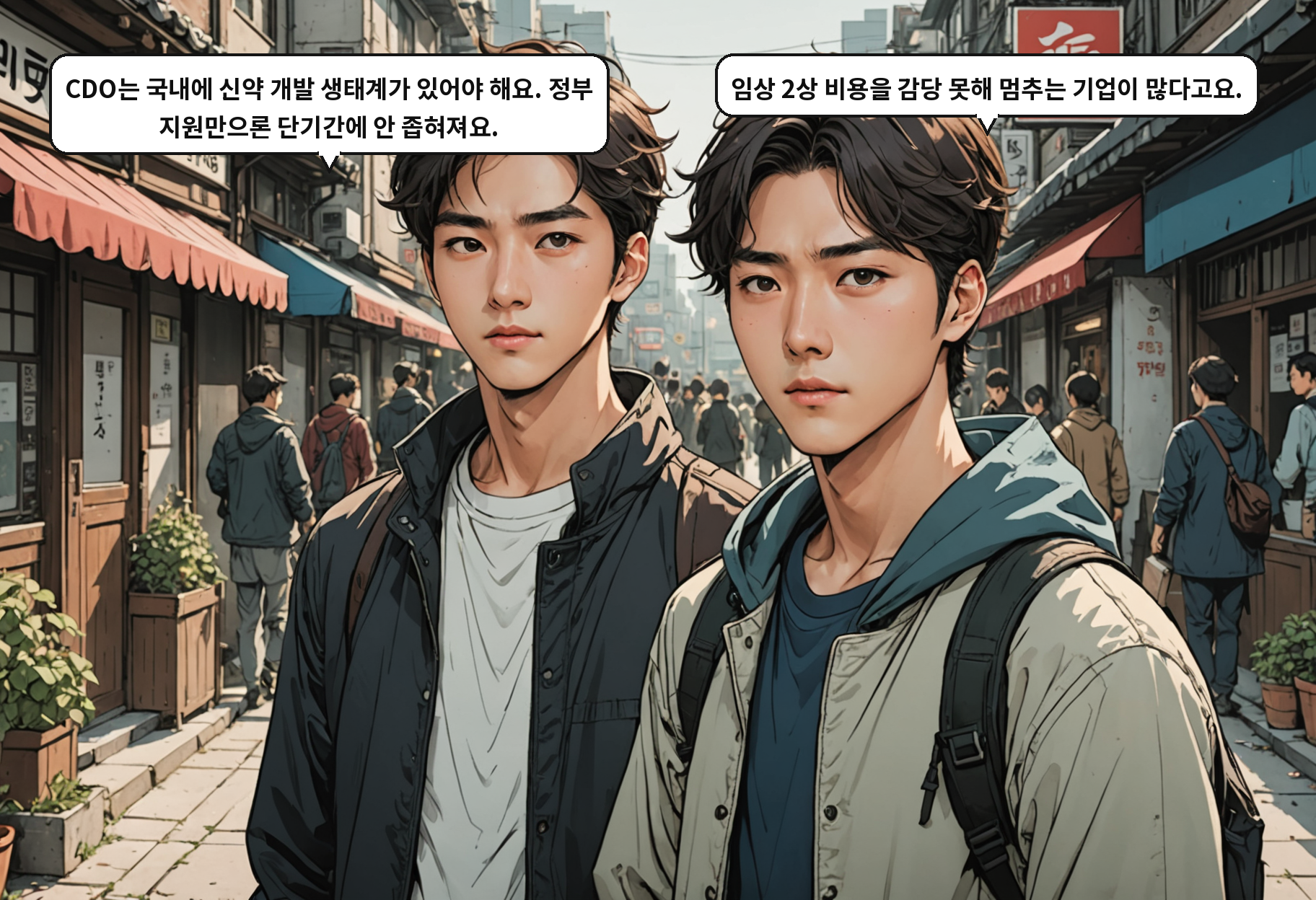 A: CDO는 국내에 신약 개발 생태계가 있어야 해요. 정부 지원만으론 단기간에 안 좁혀져요. B: 임상 2상 비용을 감당 못해 멈추는 기업이 많다고요.