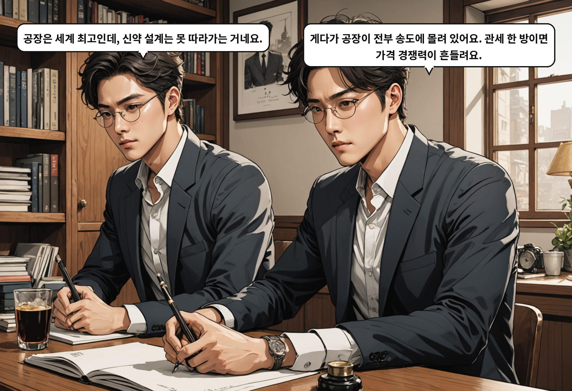 B: 공장은 세계 최고인데, 신약 설계는 못 따라가는 거네요. A: 게다가 공장이 전부 송도에 몰려 있어요. 관세 한 방이면 가격 경쟁력이 흔들려요.