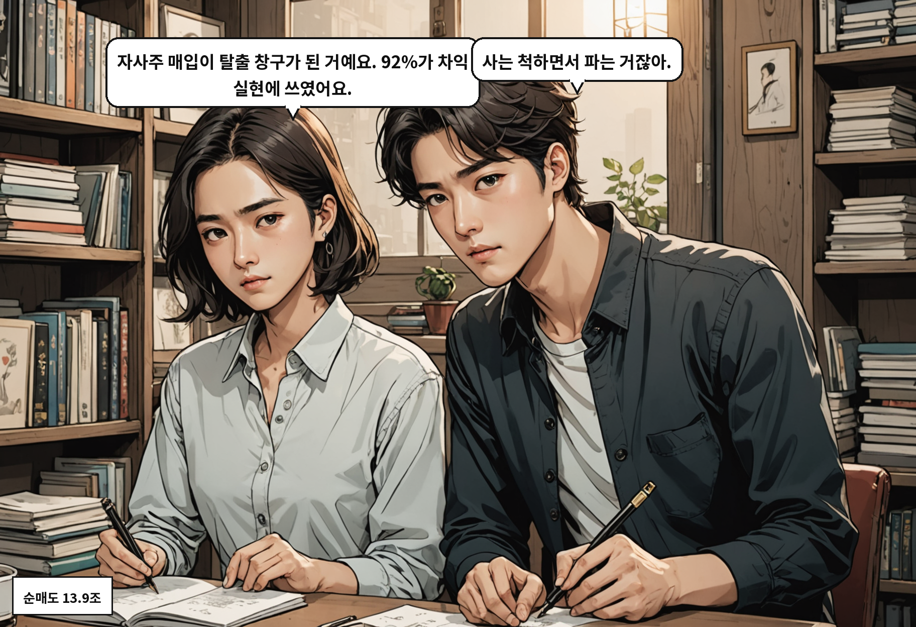 A: 자사주 매입이 탈출 창구가 된 거예요. 92%가 차익 실현에 쓰였어요. B: 사는 척하면서 파는 거잖아.
