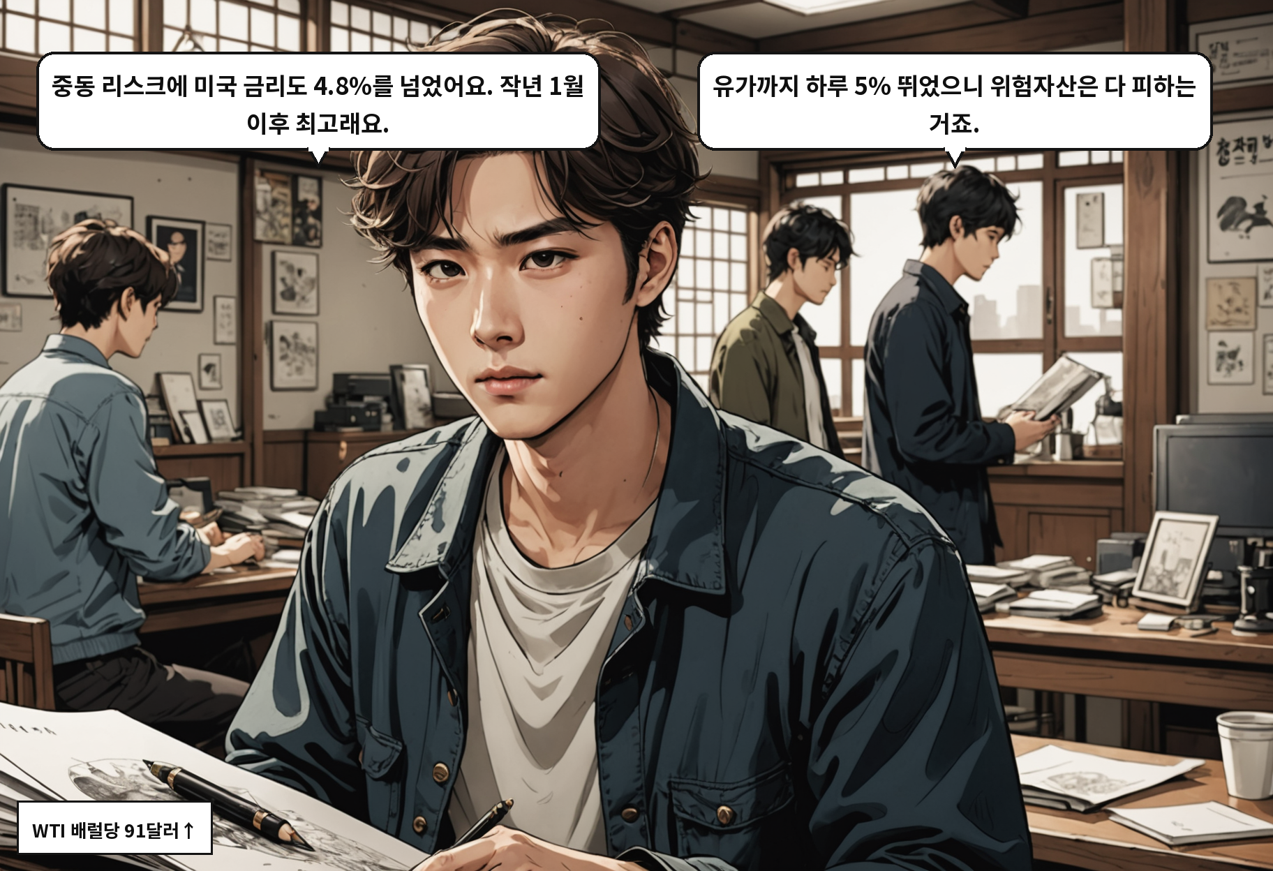 B: 중동 리스크에 미국 금리도 4.8%를 넘었어요. 작년 1월 이후 최고래요. A: 유가까지 하루 5% 뛰었으니 위험자산은 다 피하는 거죠.