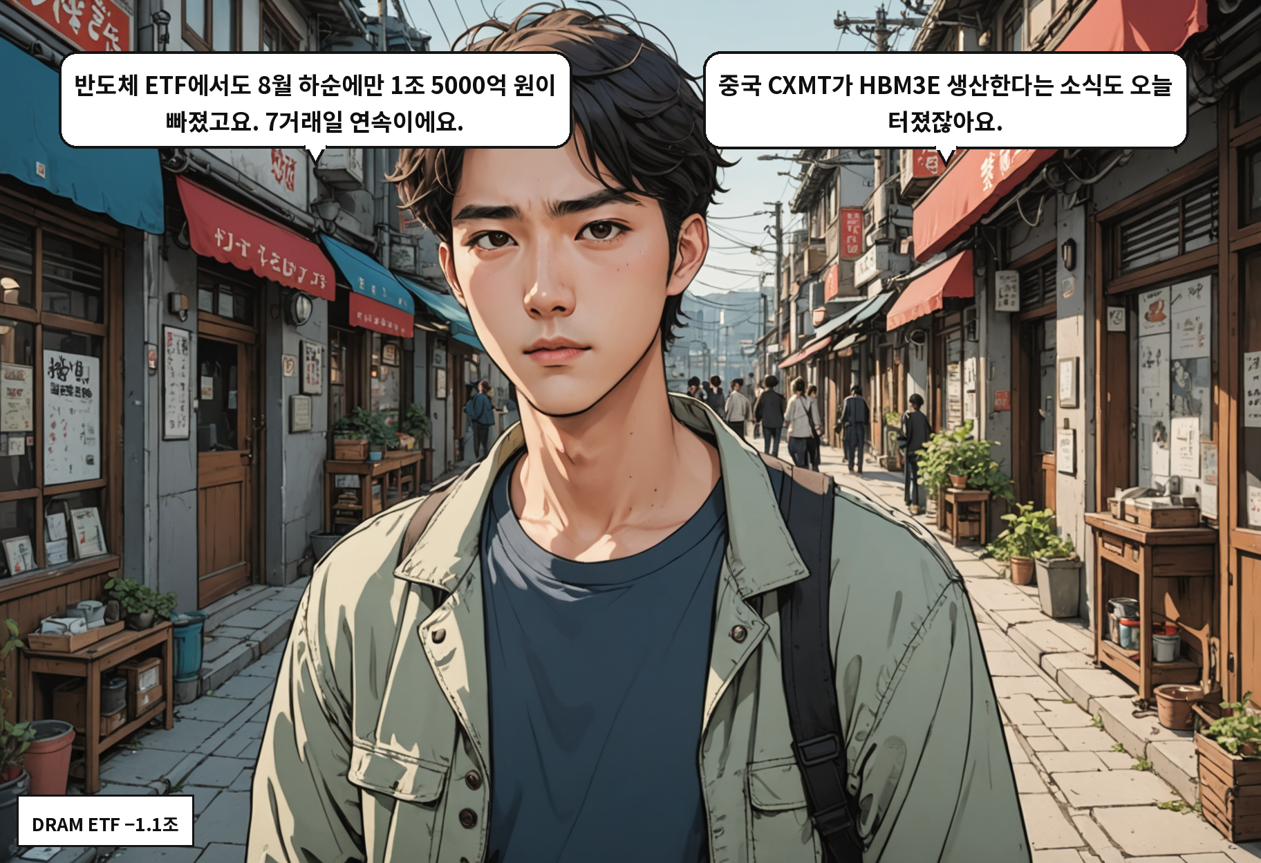 A: 반도체 ETF에서도 8월 하순에만 1조 5000억 원이 빠졌고요. 7거래일 연속이에요. B: 중국 CXMT가 HBM3E 생산한다는 소식도 오늘 터졌잖아요.