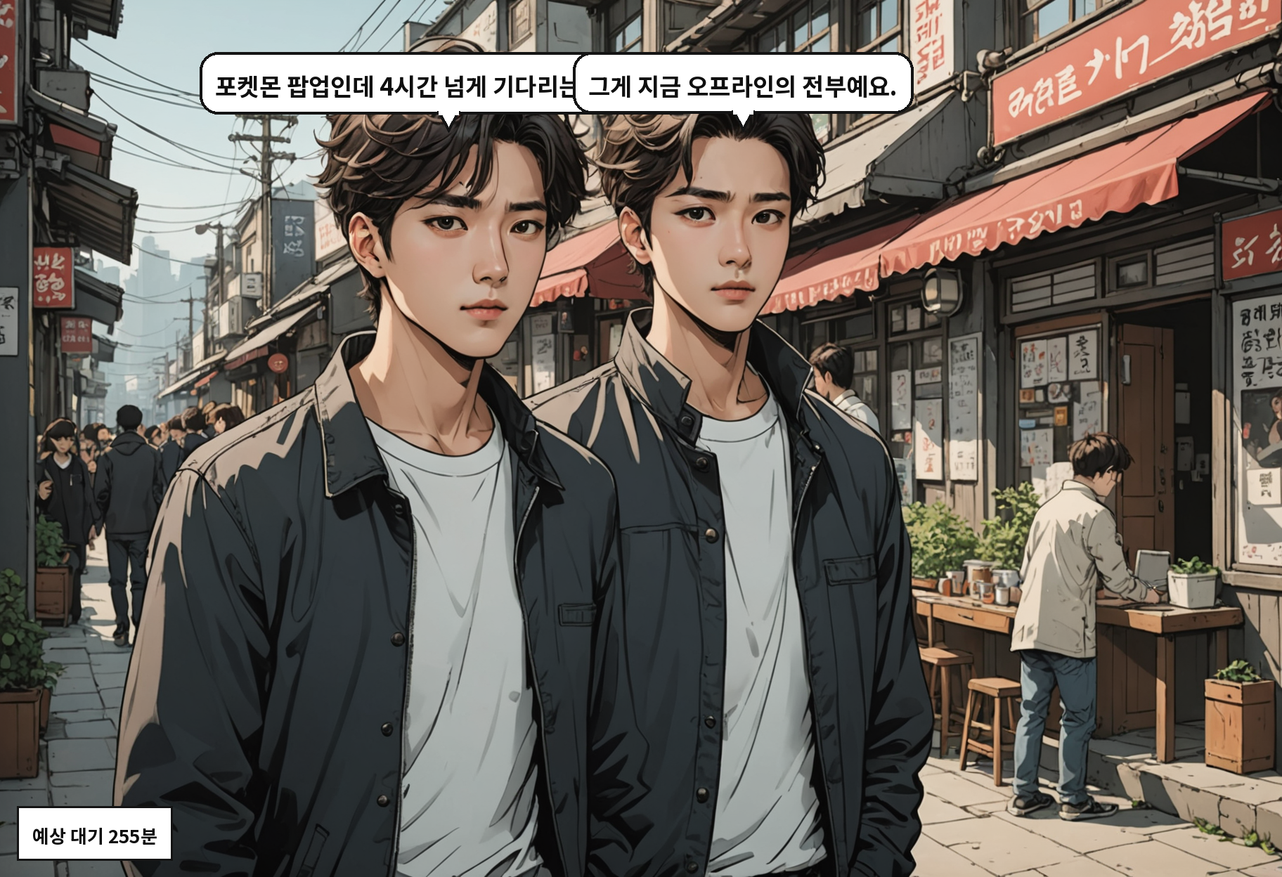 A: 포켓몬 팝업인데 4시간 넘게 기다리는 거잖아요. B: 그게 지금 오프라인의 전부예요.