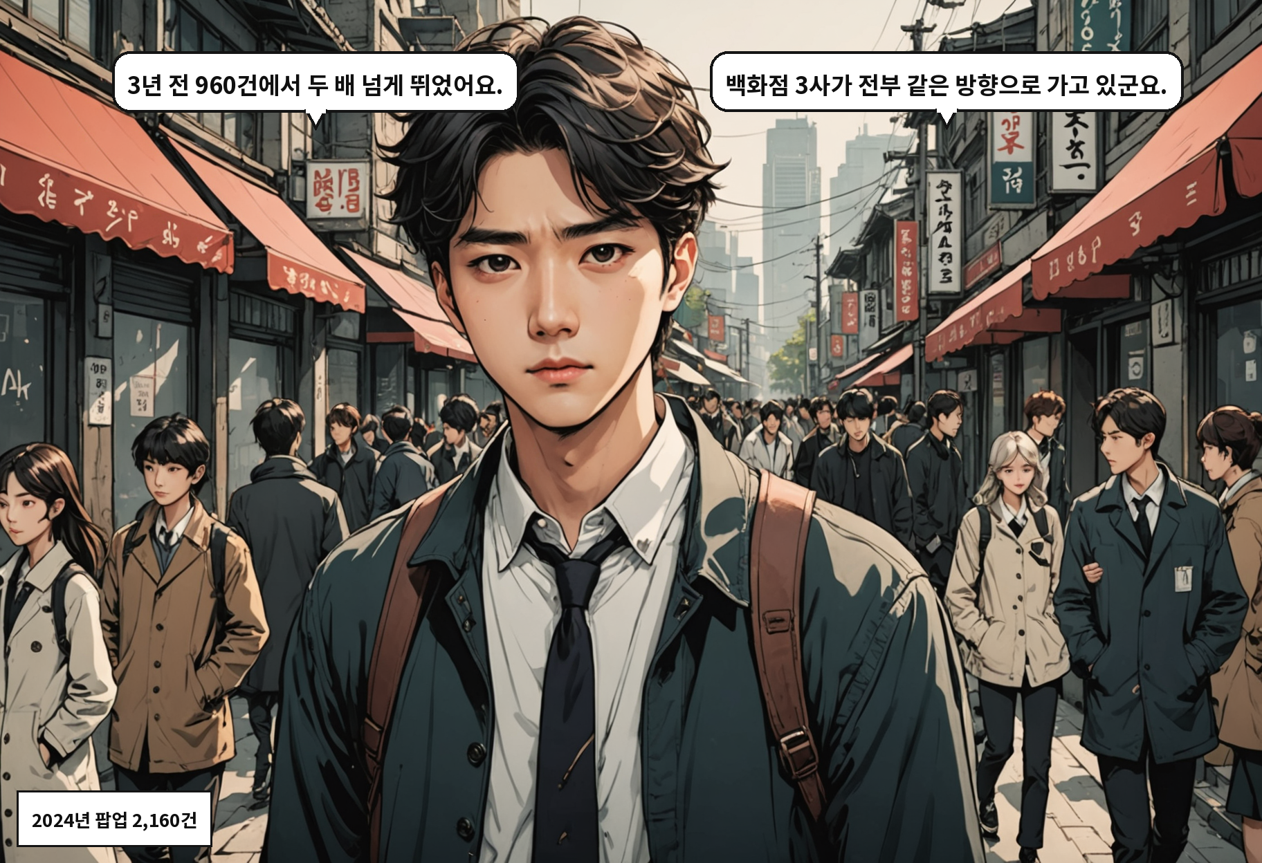 B: 3년 전 960건에서 두 배 넘게 뛰었어요. A: 백화점 3사가 전부 같은 방향으로 가고 있군요.