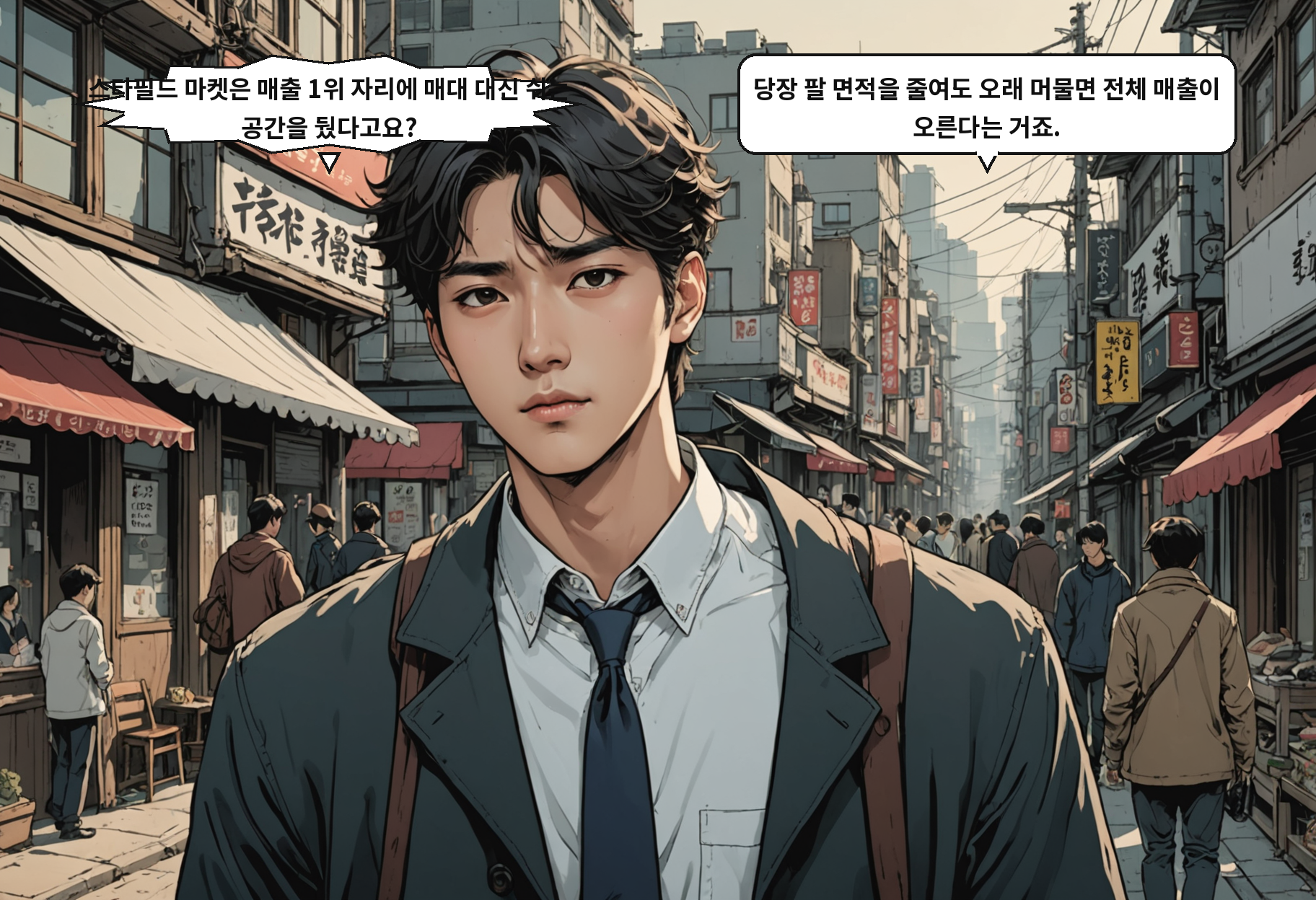 A: 스타필드 마켓은 매출 1위 자리에 매대 대신 쉬는 공간을 뒀다고요? B: 당장 팔 면적을 줄여도 오래 머물면 전체 매출이 오른다는 거죠.
