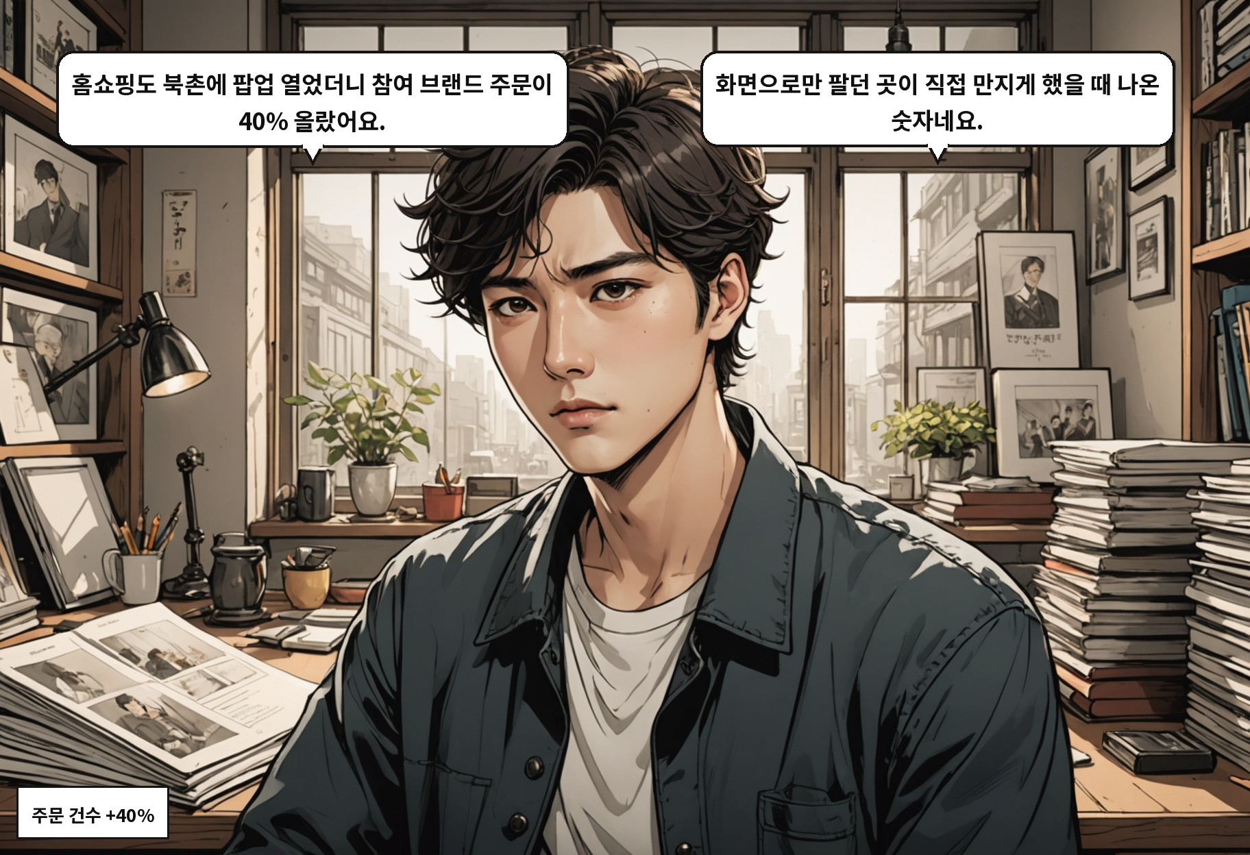B: 홈쇼핑도 북촌에 팝업 열었더니 참여 브랜드 주문이 40% 올랐어요. A: 화면으로만 팔던 곳이 직접 만지게 했을 때 나온 숫자네요.