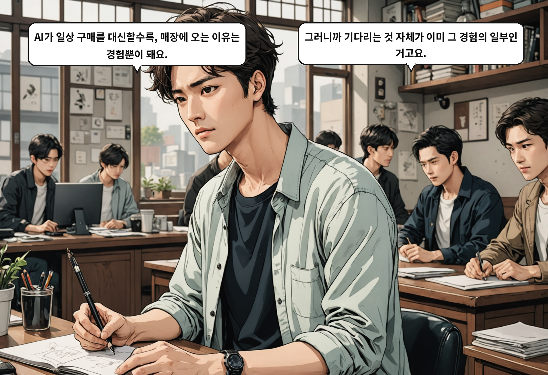 B: AI가 일상 구매를 대신할수록, 매장에 오는 이유는 경험뿐이 돼요. A: 그러니까 기다리는 것 자체가 이미 그 경험의 일부인 거고요.